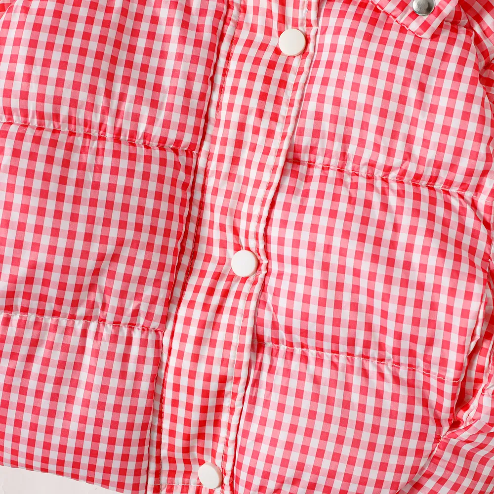 Toddler Girl Plaid Button Design Hooded Puffer Coat big image 3