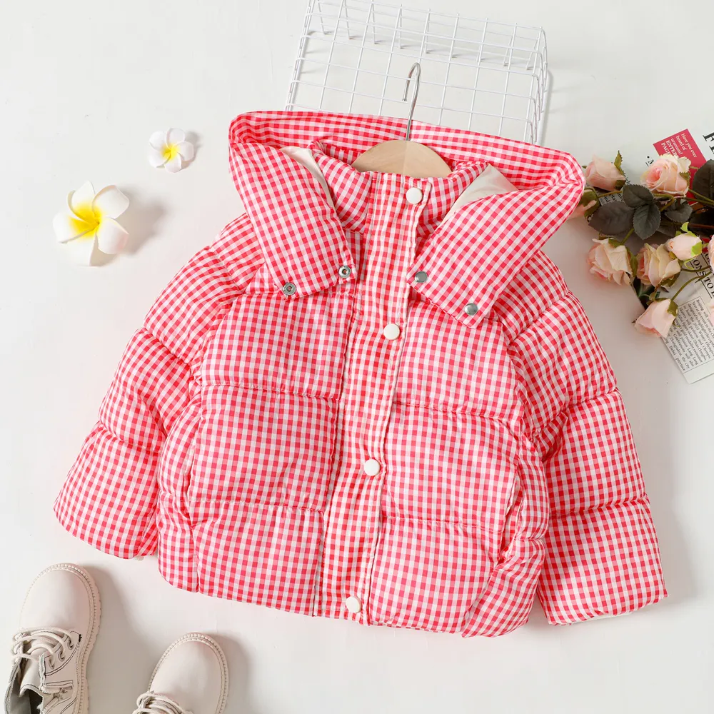 Toddler Girl Plaid Button Design Hooded Puffer Coat big image 1
