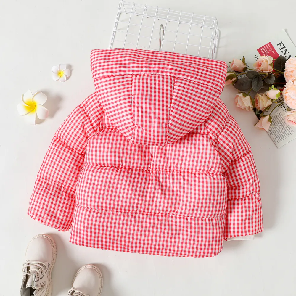 Toddler Girl Plaid Button Design Hooded Puffer Coat big image 5