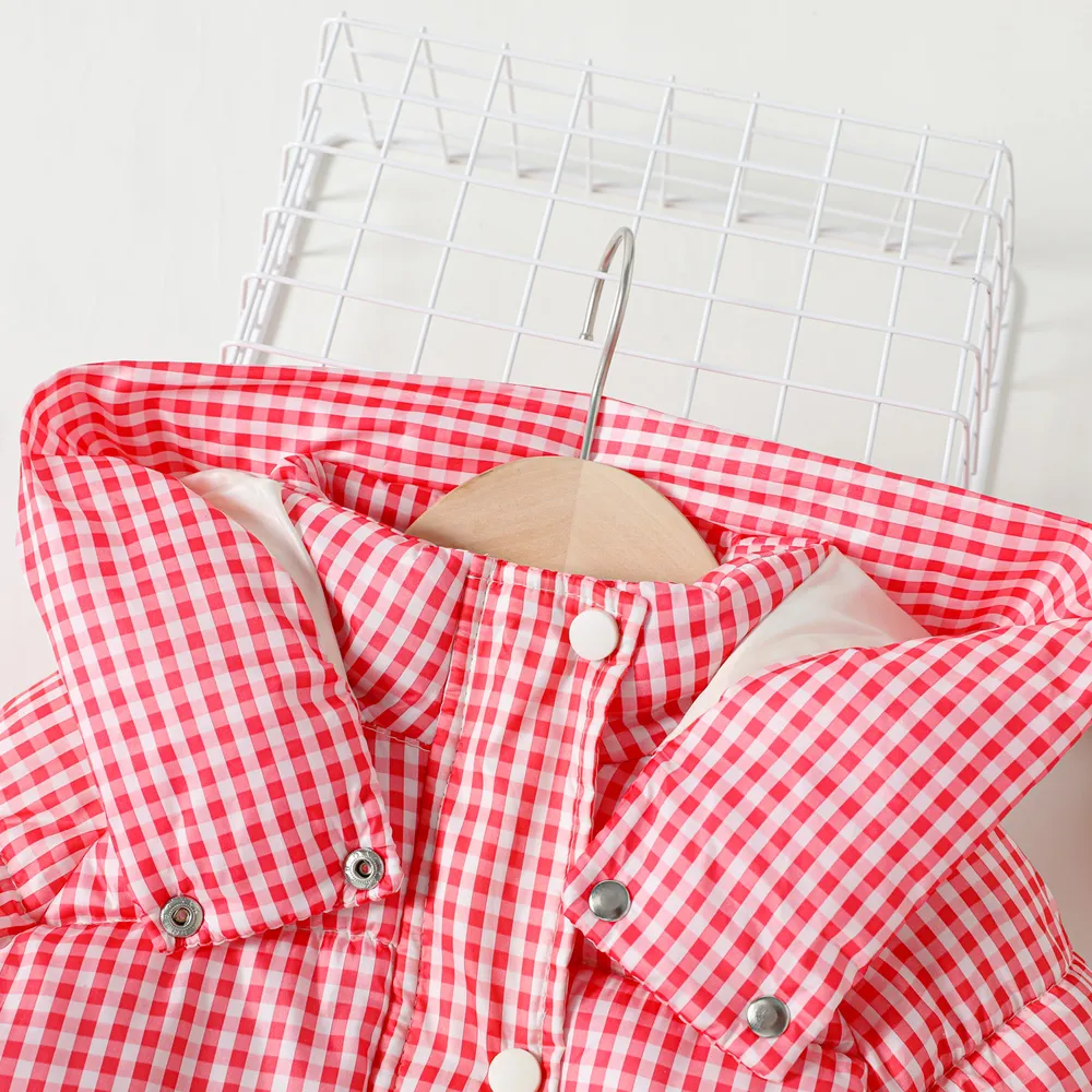 Toddler Girl Plaid Button Design Hooded Puffer Coat big image 2