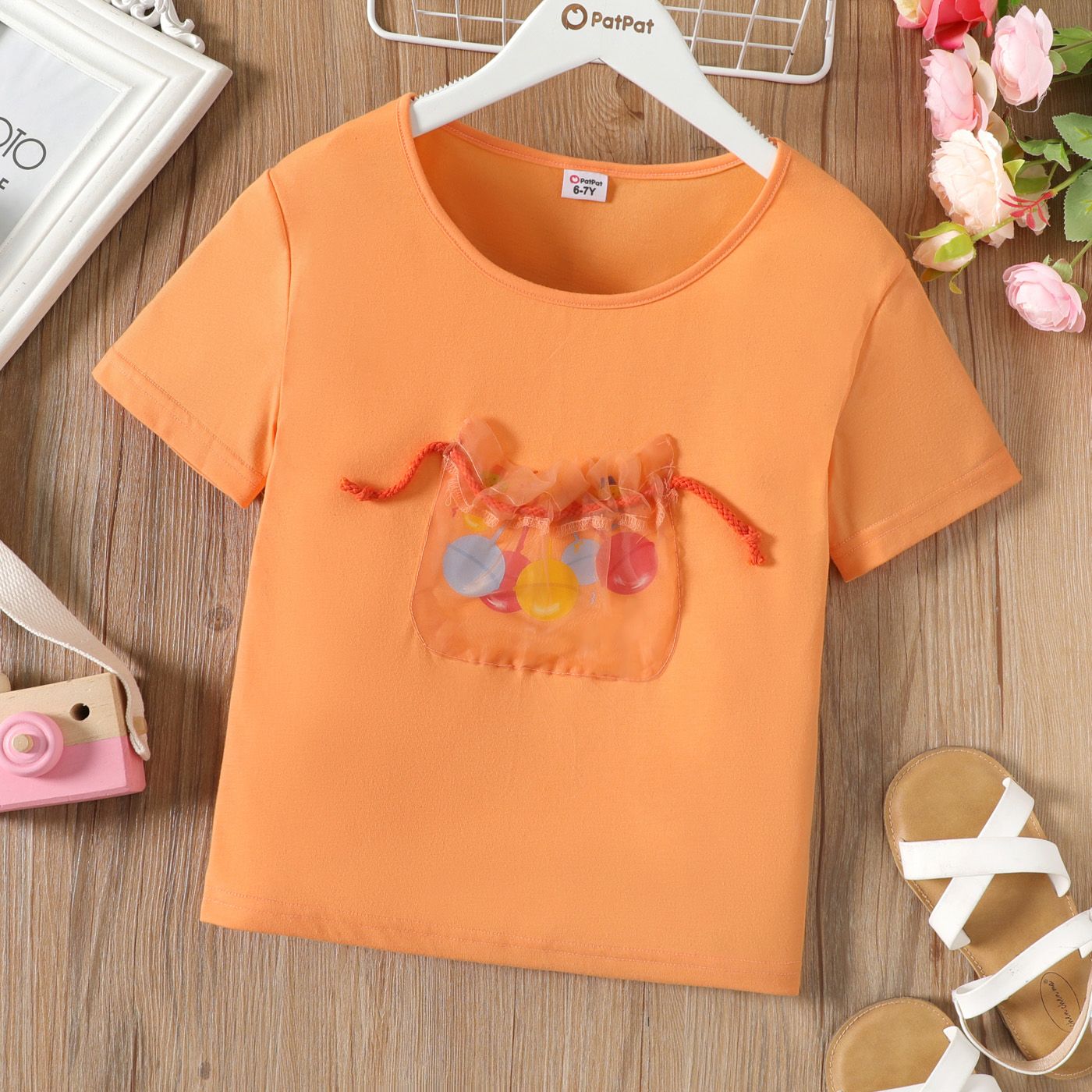 

Kid Girl Candy Print Mesh Pocket Short-sleeve Orange Tee