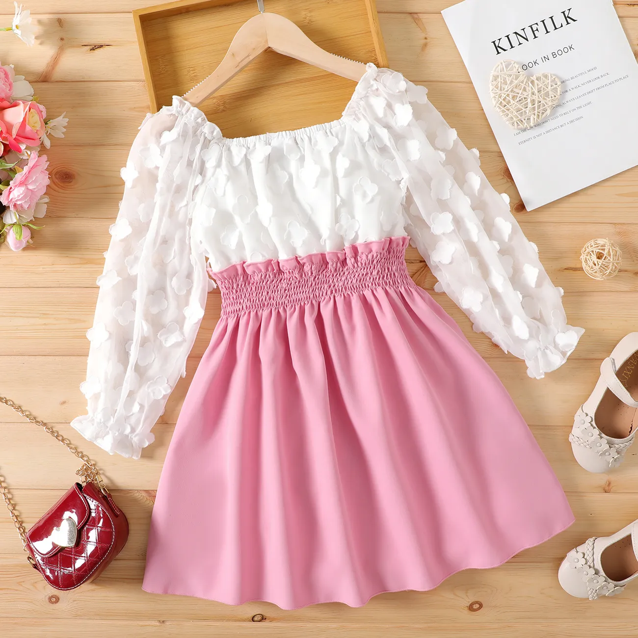 Kid Girl 3D Floral Design Smocked Splice Square Neck Mesh Long-sleeve Dress Pink big image 1