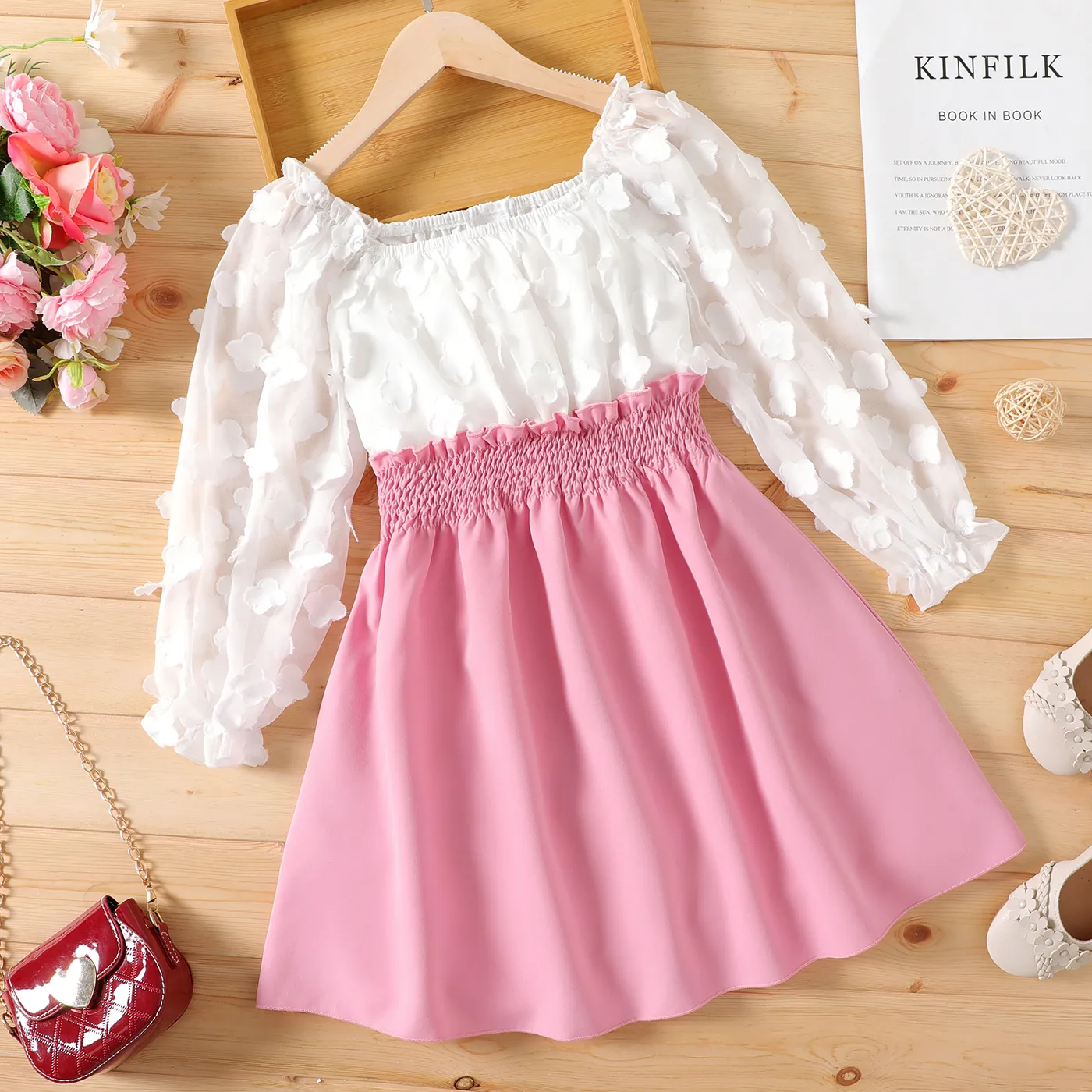 Kid Girl 3D Floral Design Smocked Splice Square Neck Mesh Long-sleeve Dress Pink