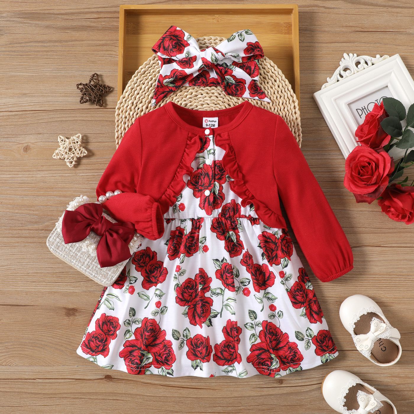

2pcs Baby Girl Red Long-sleeve Faux-two Ruffle Trim Allover Rose Floral Print Dress with Headband Set