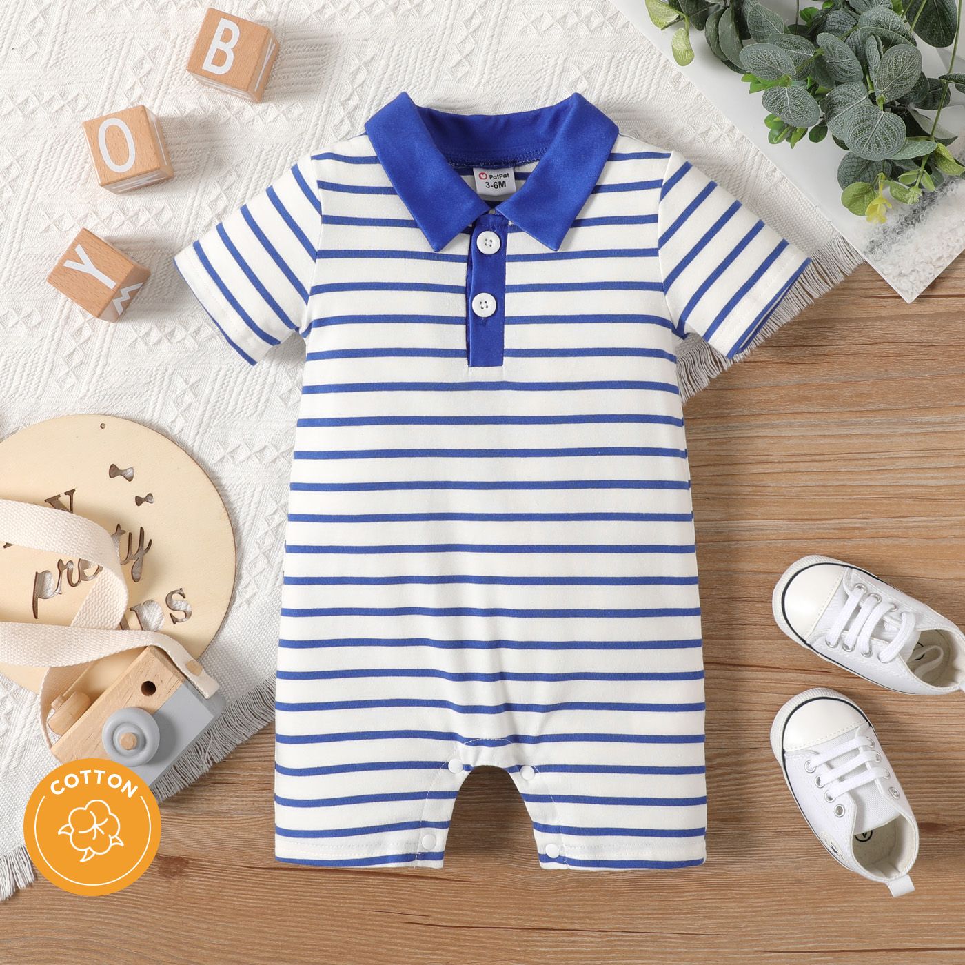 

Baby Boy 95% Cotton Short-sleeve Polo Neck Striped Romper