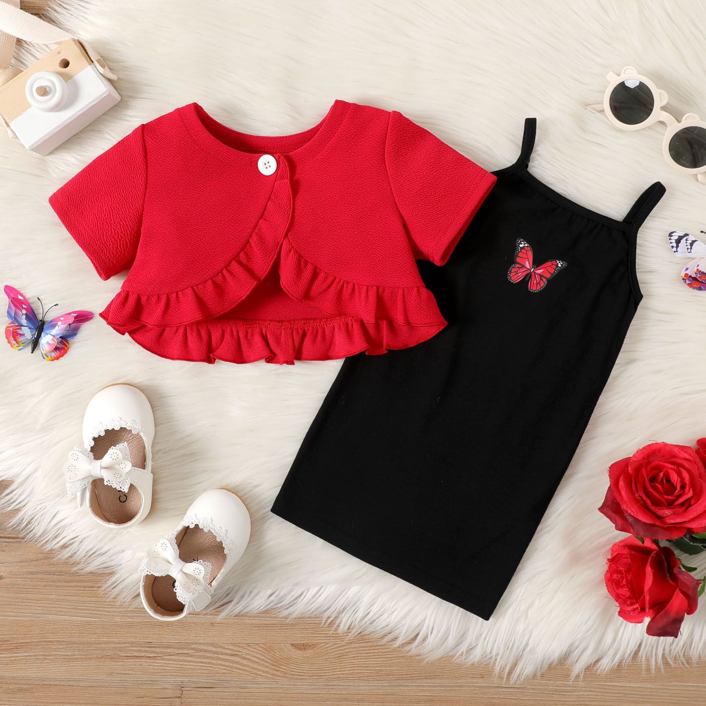 

2pcs Baby Girl 95% Cotton Short-sleeve Ruffle Trim Cardigan Butterfly Print Cami Dress Set