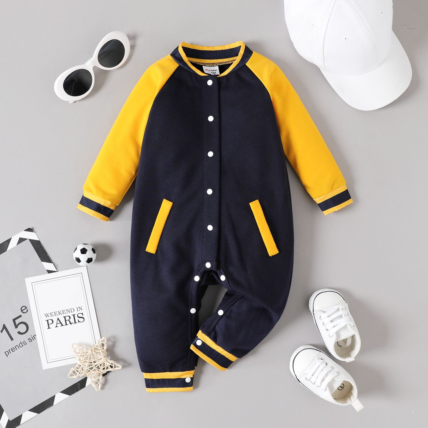 

Baby Boy Colorblock Raglan-sleeve Snap Jumpsuit