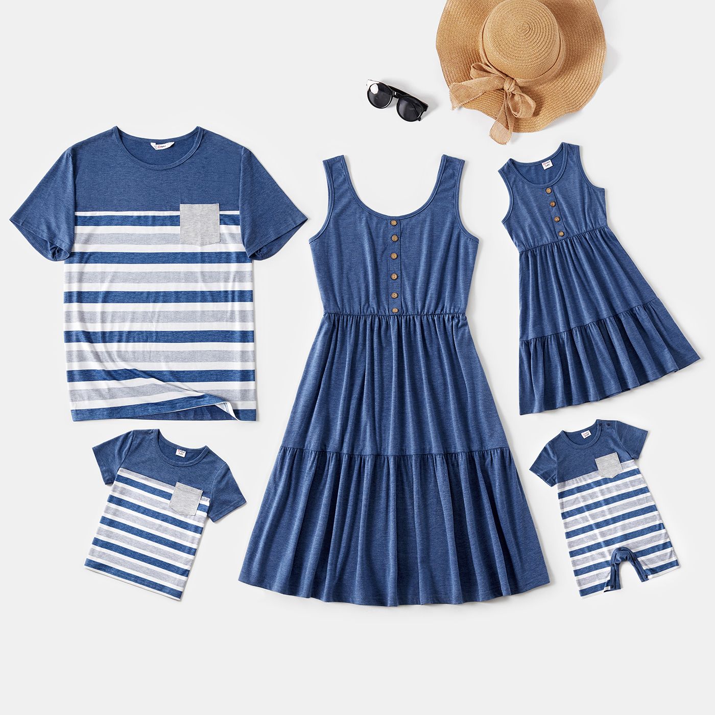 

Family Matching Button Front Blue Tank Dresses and Striped Short-sleeve T-shirts Sets