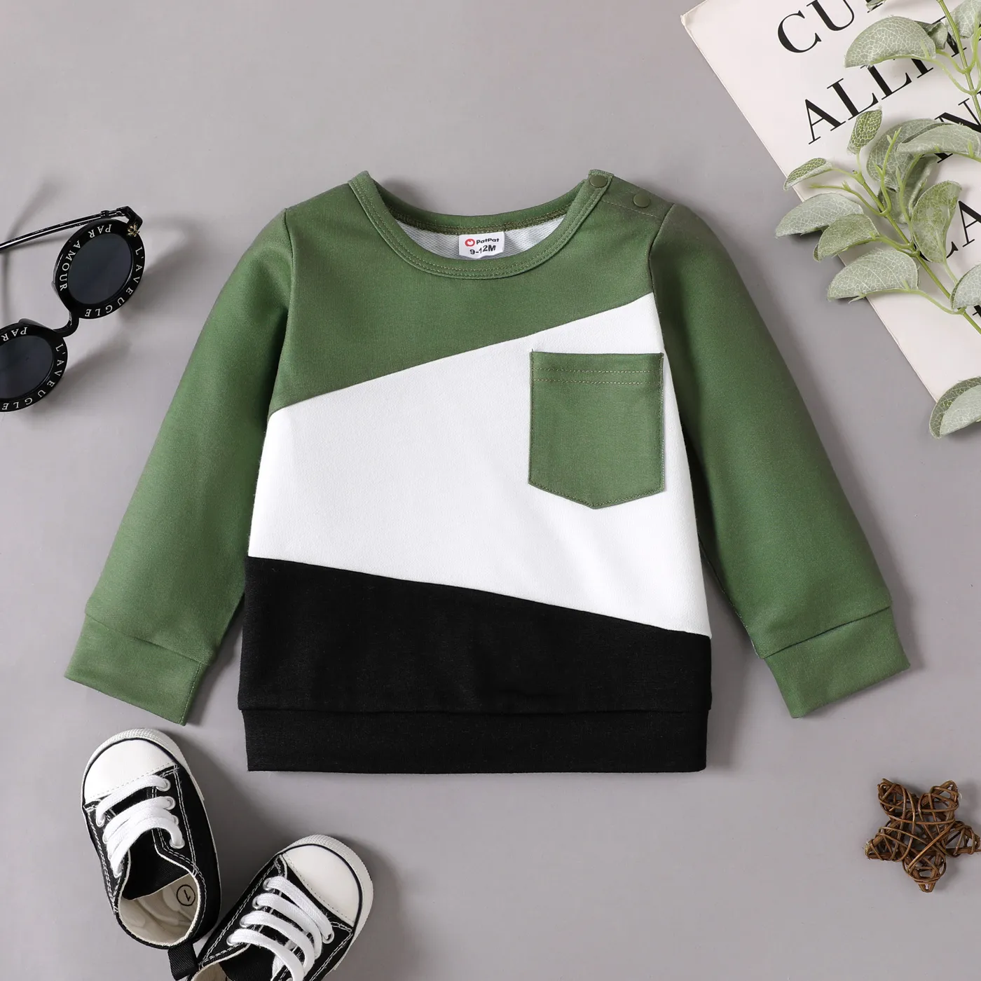 Baby Boy Pocket Colorblock Spliced Sweatshirt/ Letter Print Sweatpants/ Canvas Shoes