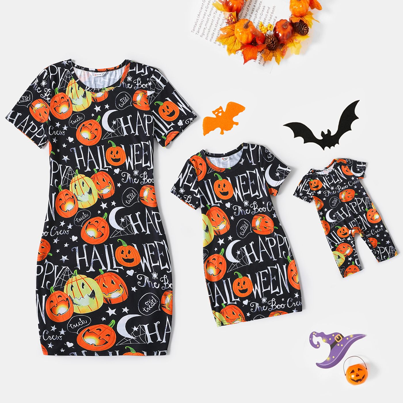 Halloween Allover Pumpkin & Letter Print Short-sleeve Bodycon T-shirt Dress for Mom and Me