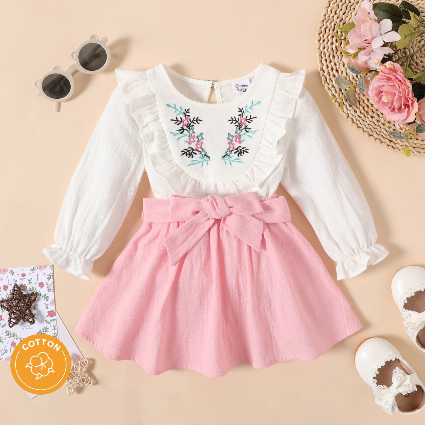 

100% Cotton 2pcs Baby Girl Floral Embroidered Ruffle Trim Long-sleeve Top and Belted Skirt Set