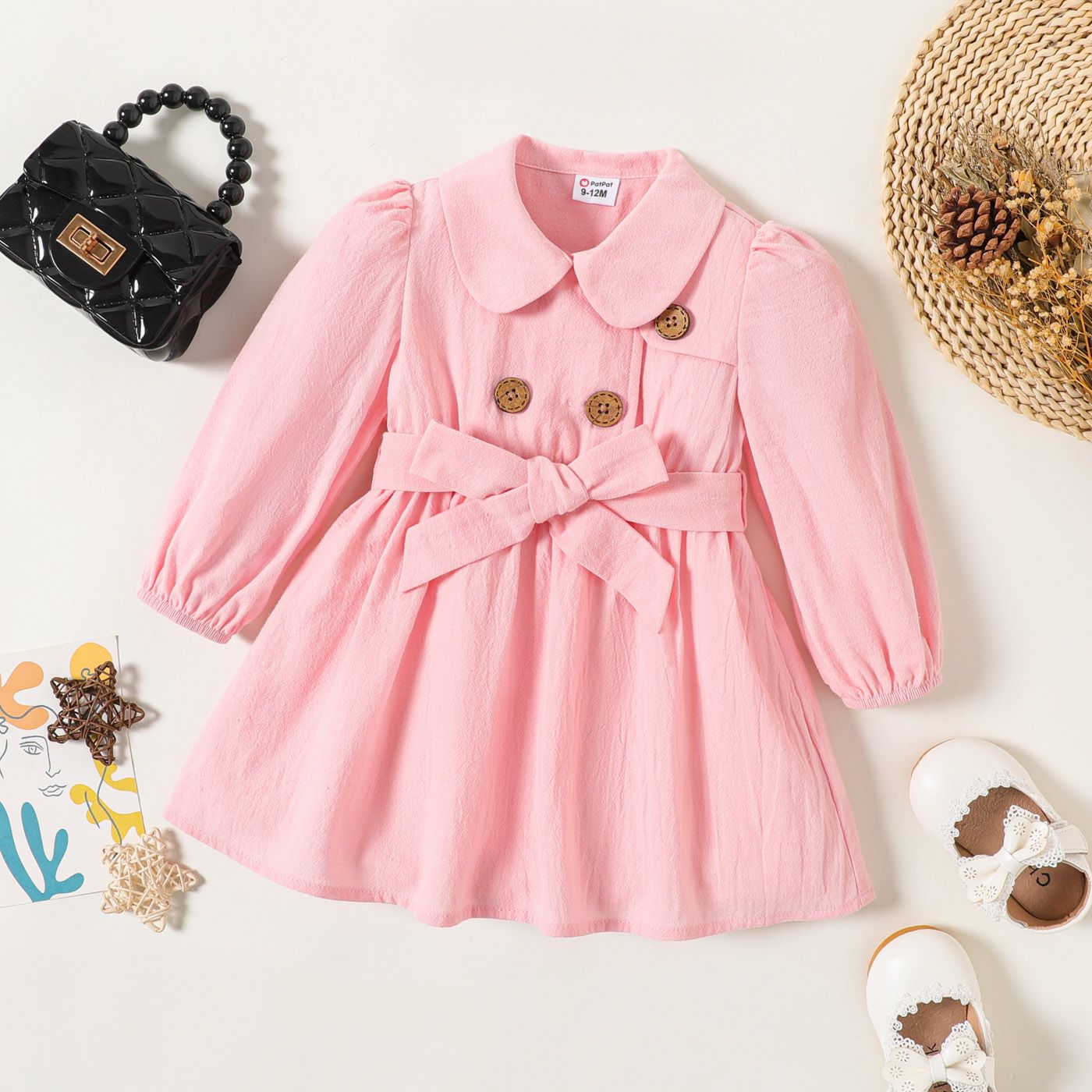 

100% Cotton Baby Girl Solid Peter Pan Collar Double Breasted Belted Long-sleeve Dress