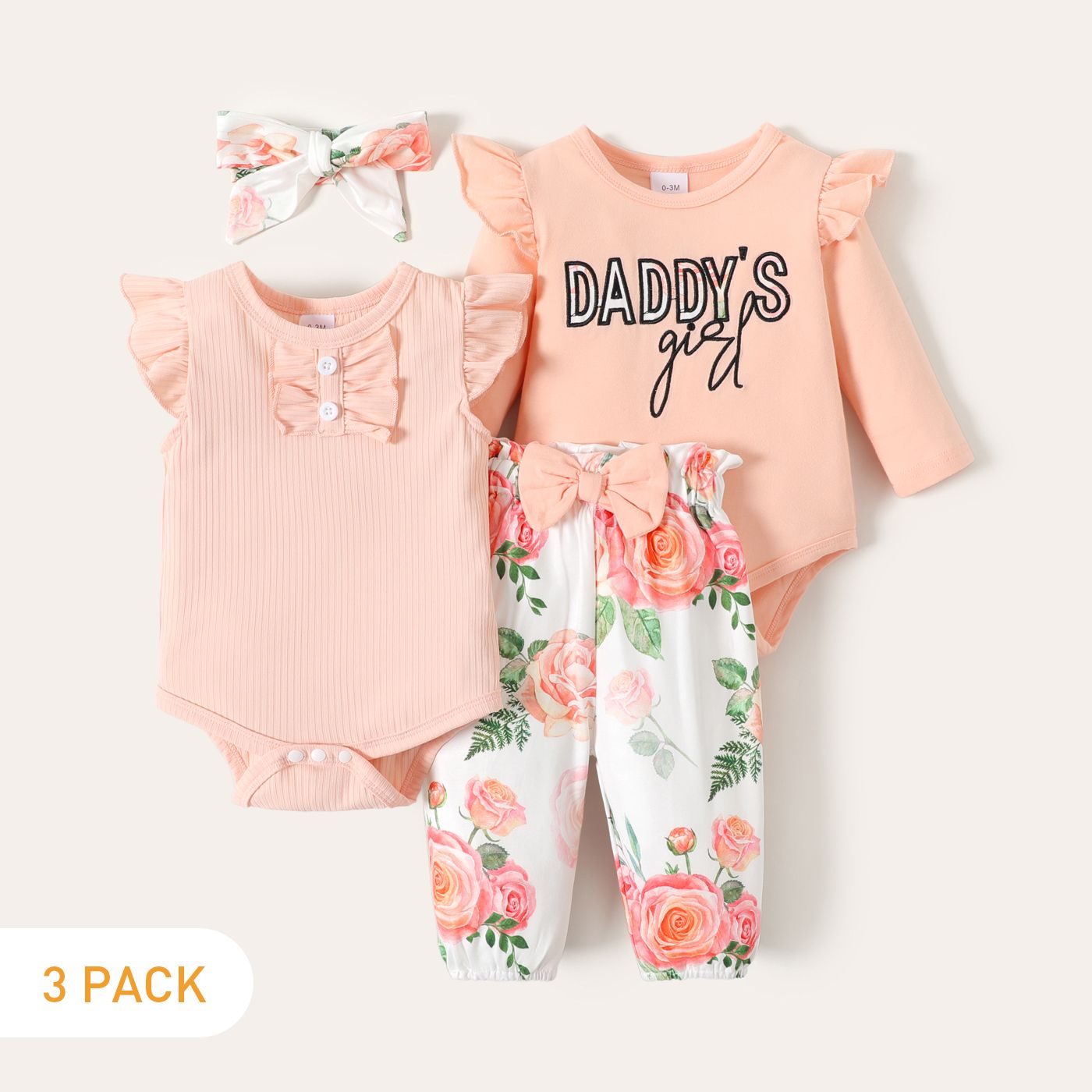 

3-Pack Baby Girl 95% Cotton Letter Embroidered Ruffle Trim Rompers Set