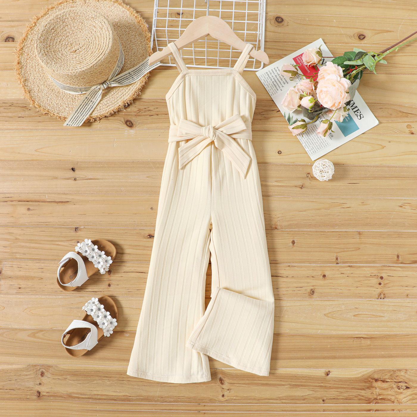 

Toddler Girl Solid Color Ribbed Belted Slip Jumpsuits