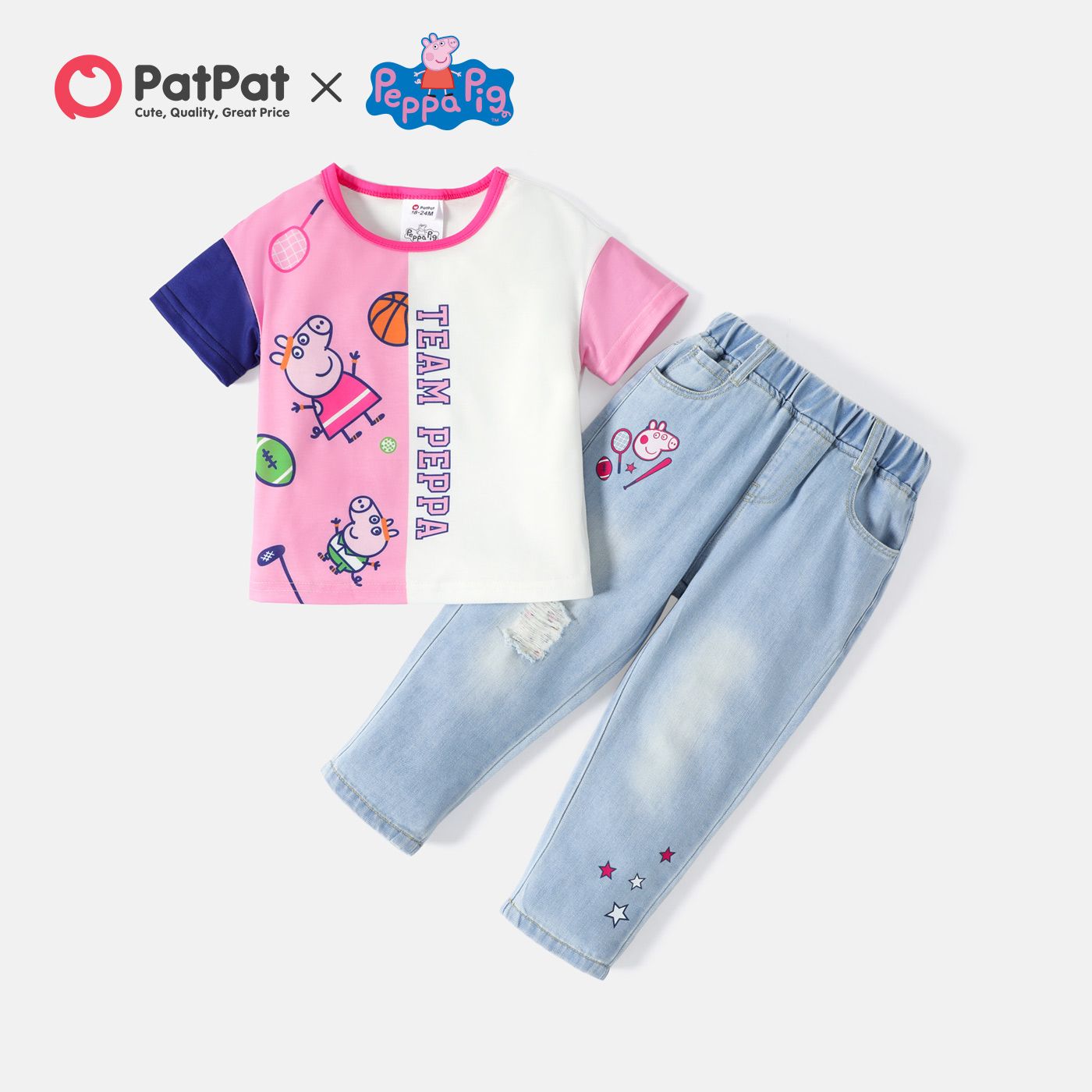 

Peppa Pig 2pcs Toddler Girl Colorblock Letter Print Short-sleeve Tee and Denim Jeans Set