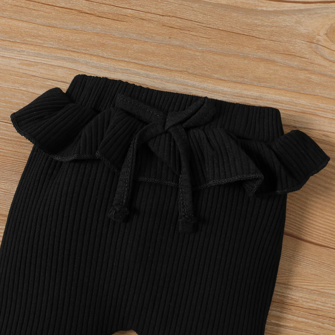 Baby Girl 95% Cotton Rib Knit Ruffle Trim Pants Leggings Black big image 1