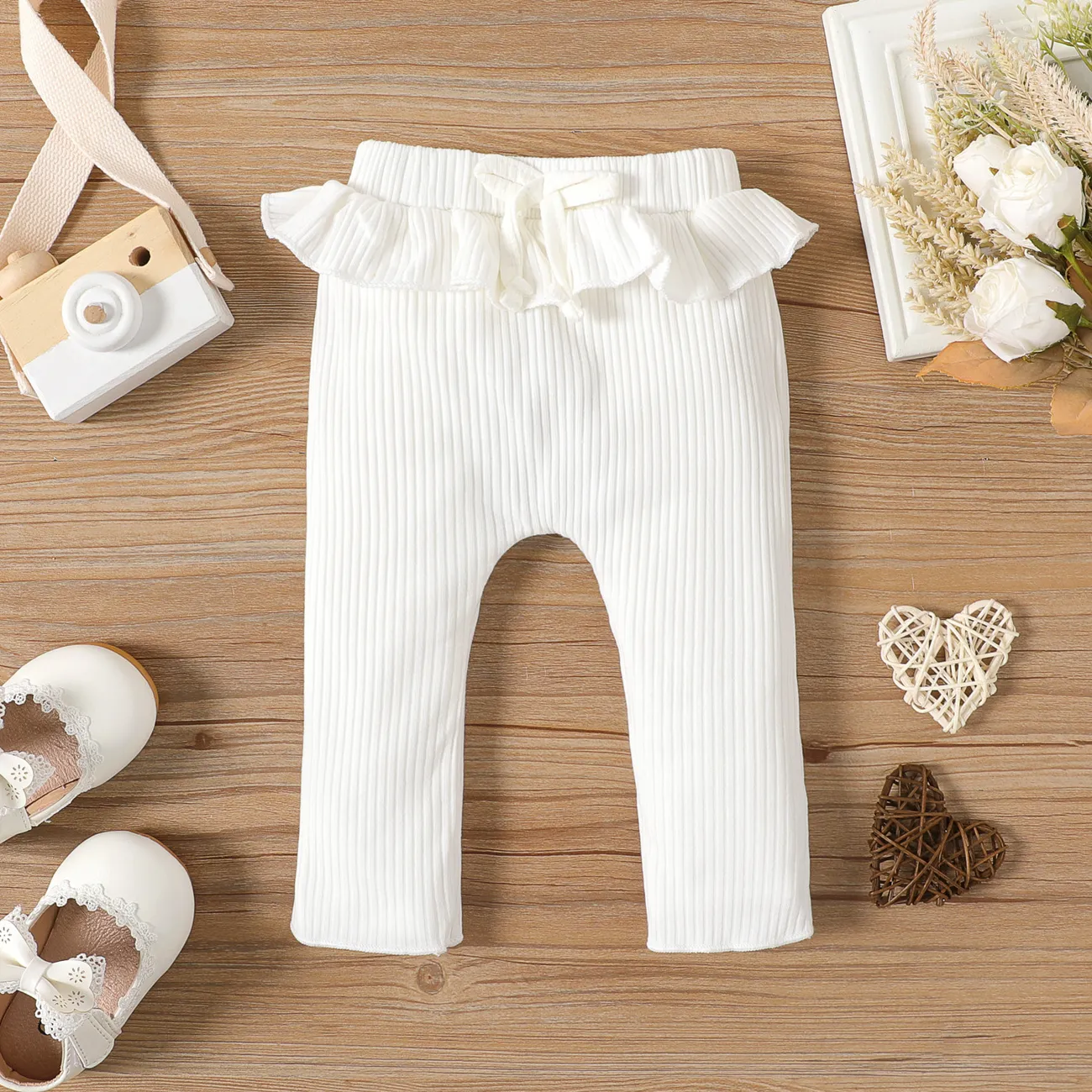 Baby Girl 95% Cotton Rib Knit Ruffle Trim Pants Leggings White big image 1