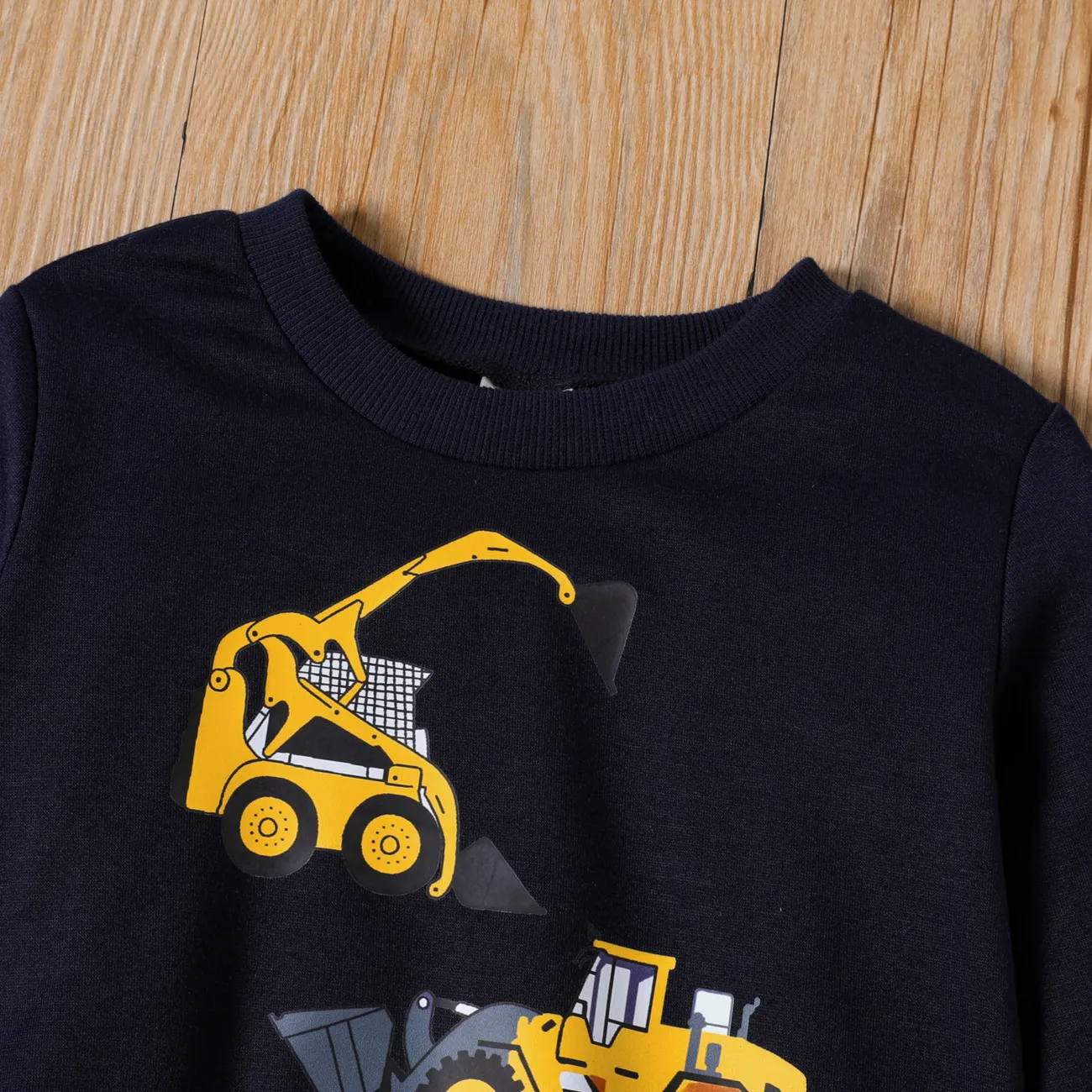 Toddler Boy Vehicle Excavator Print Dark Blue Pullover Sweatshirt DeepSapphireBlue big image 1