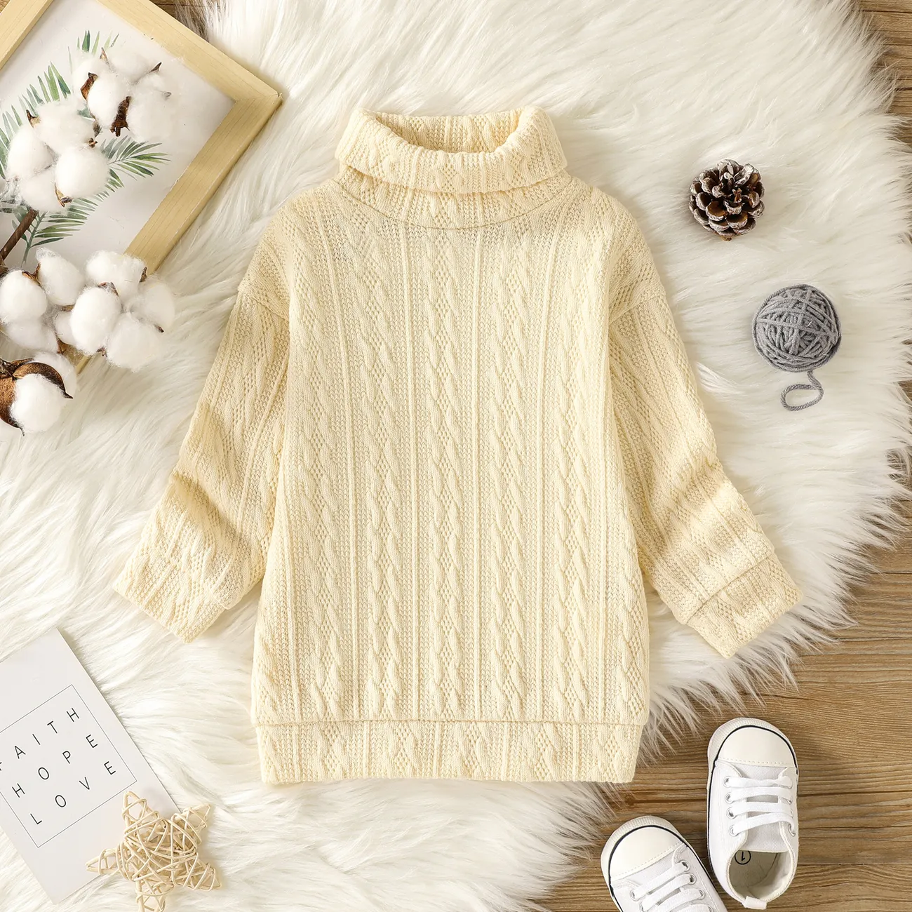 Baby Girl Solid Cable Knit Turtleneck Long-sleeve Sweater Dress Apricot big image 1