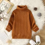 Baby Girl Solid Cable Knit Turtleneck Long-sleeve Sweater Dress Caramel