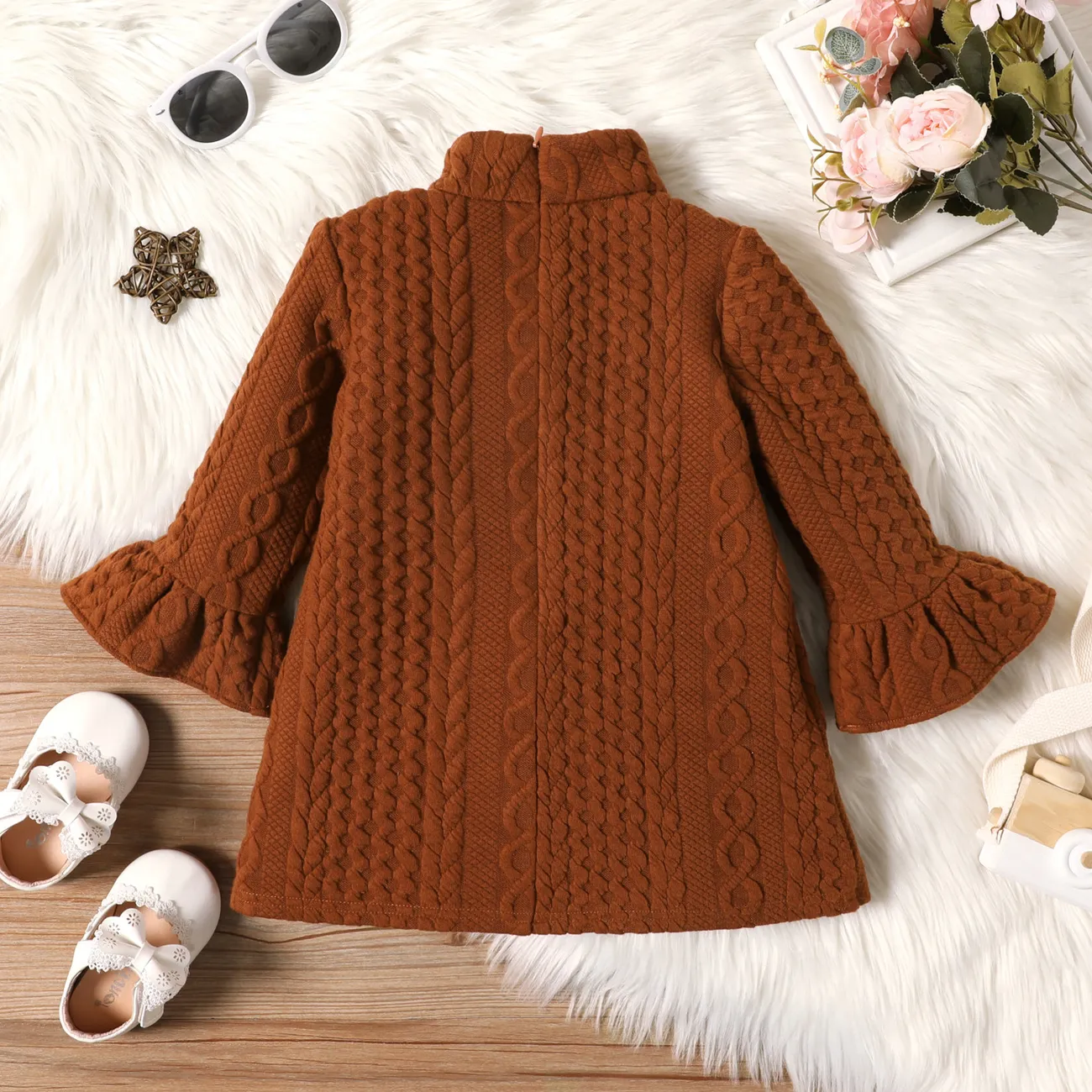 Baby Girl Brown Imitation Knitting Bow Front Mock Neck Bell Sleeve Dress Brown big image 1