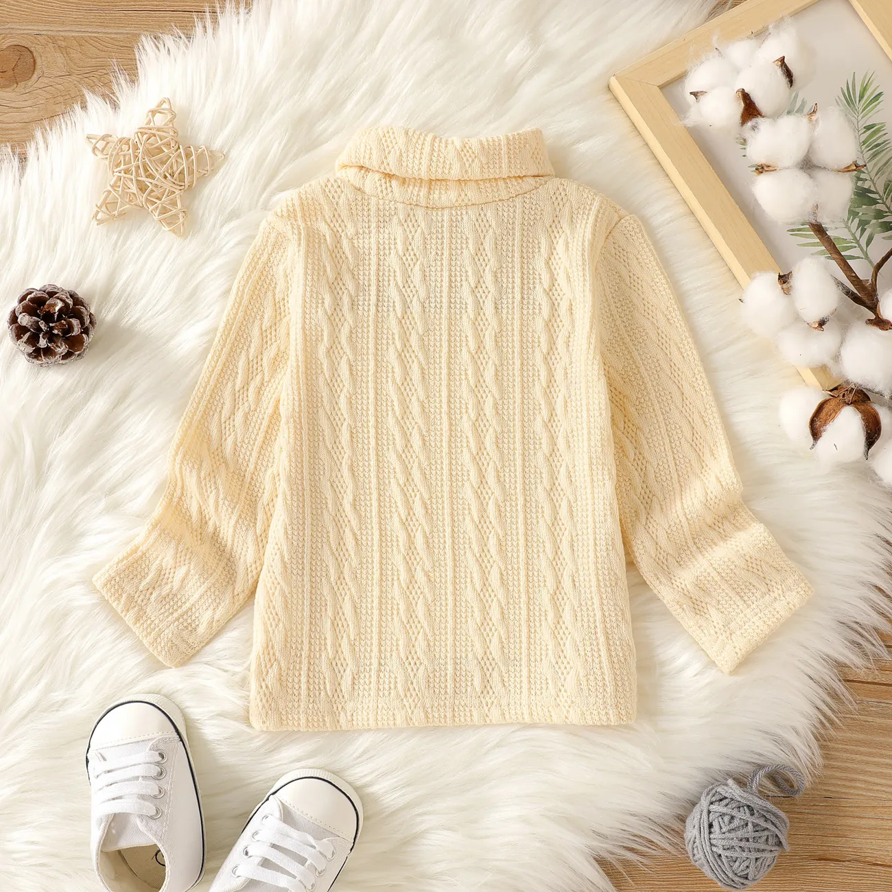 Baby Boy/Girl Solid Turtleneck Long-sleeve Cable Knit Pullover Sweater Apricot big image 1