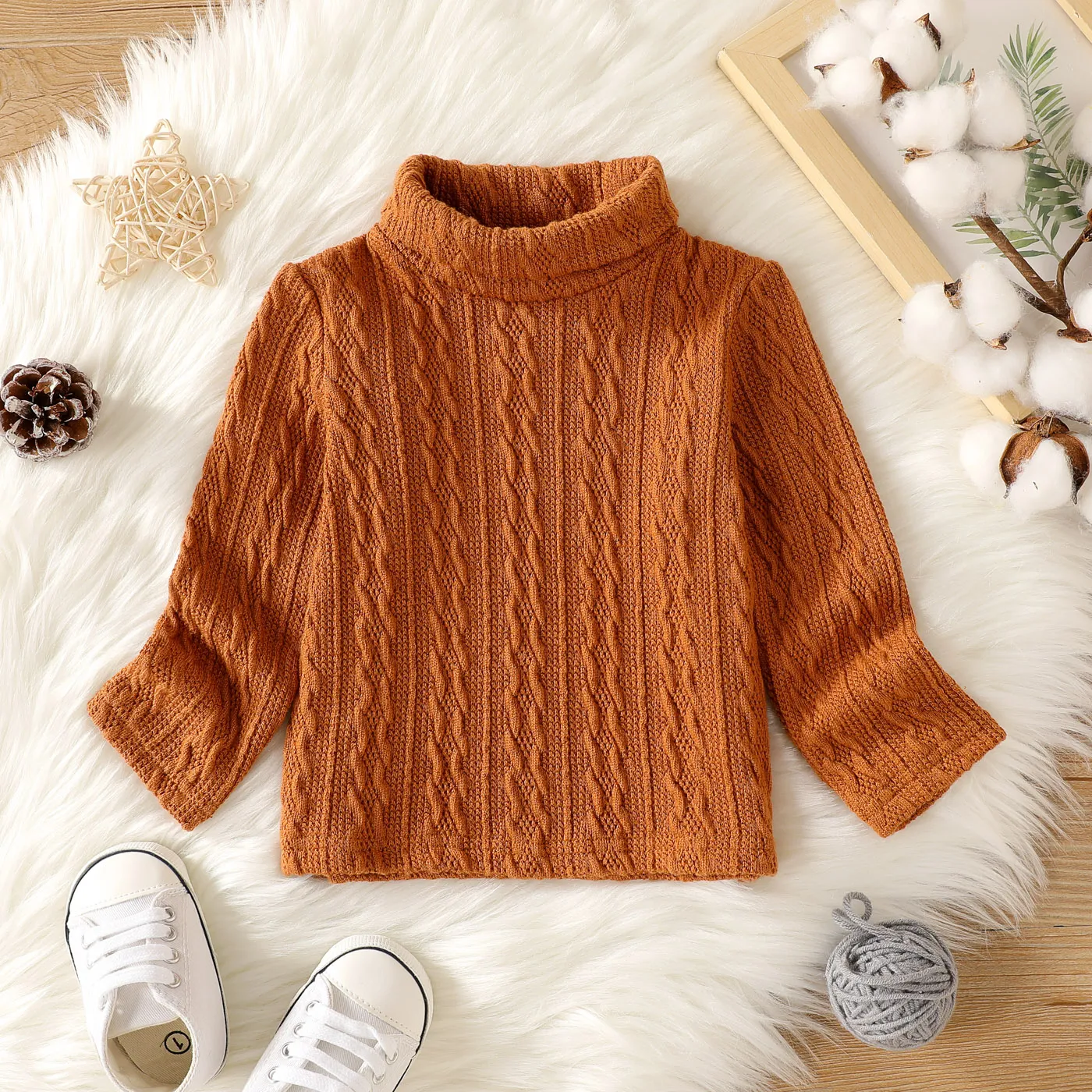 Baby Boy/Girl Solid Turtleneck Long-sleeve Cable Knit Pullover Sweater