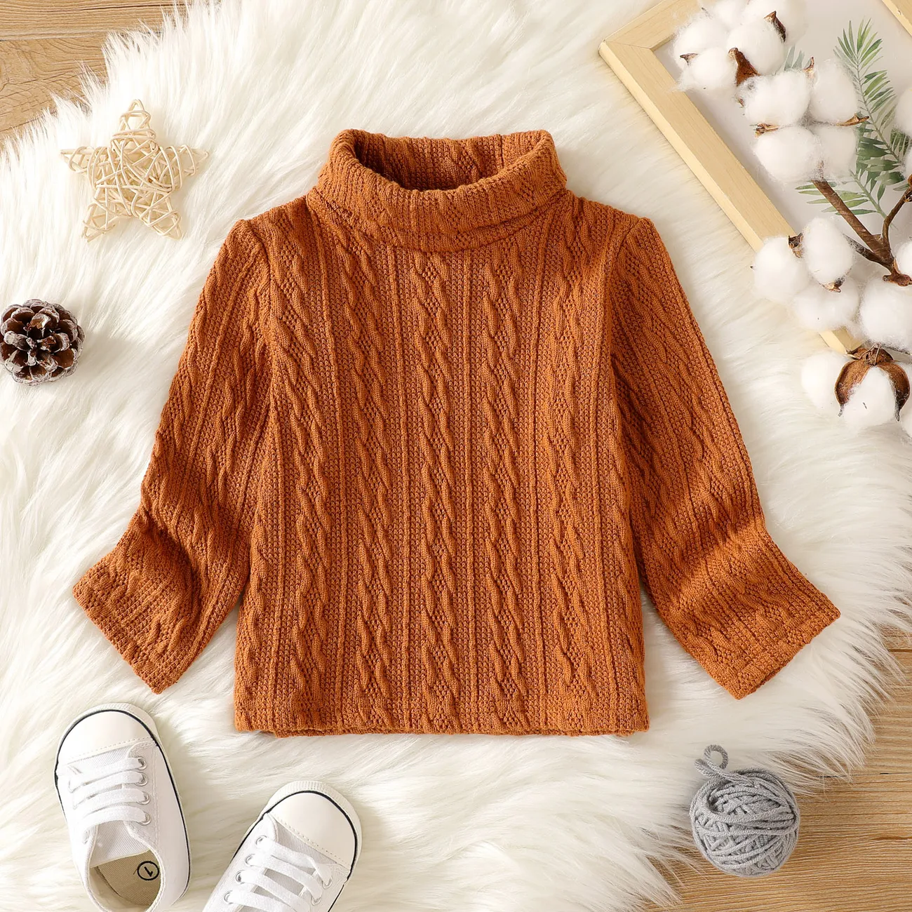 Baby Boy/Girl Solid Turtleneck Long-sleeve Cable Knit Pullover Sweater Caramel big image 1