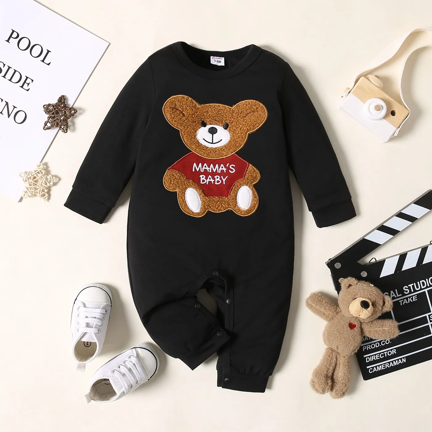 

Baby Boy Bear & Letter Embroidered Black Long-sleeve Jumpsuit