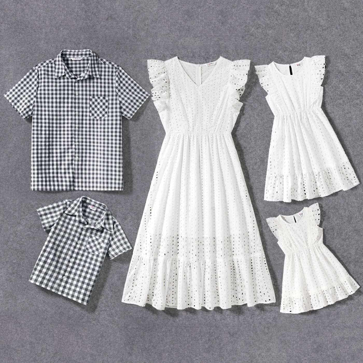 

Family Matching 100% Cotton Eyelet Embroidered Flutter-sleeve Dresses and Short-sleeve Gingham Shirts Sets