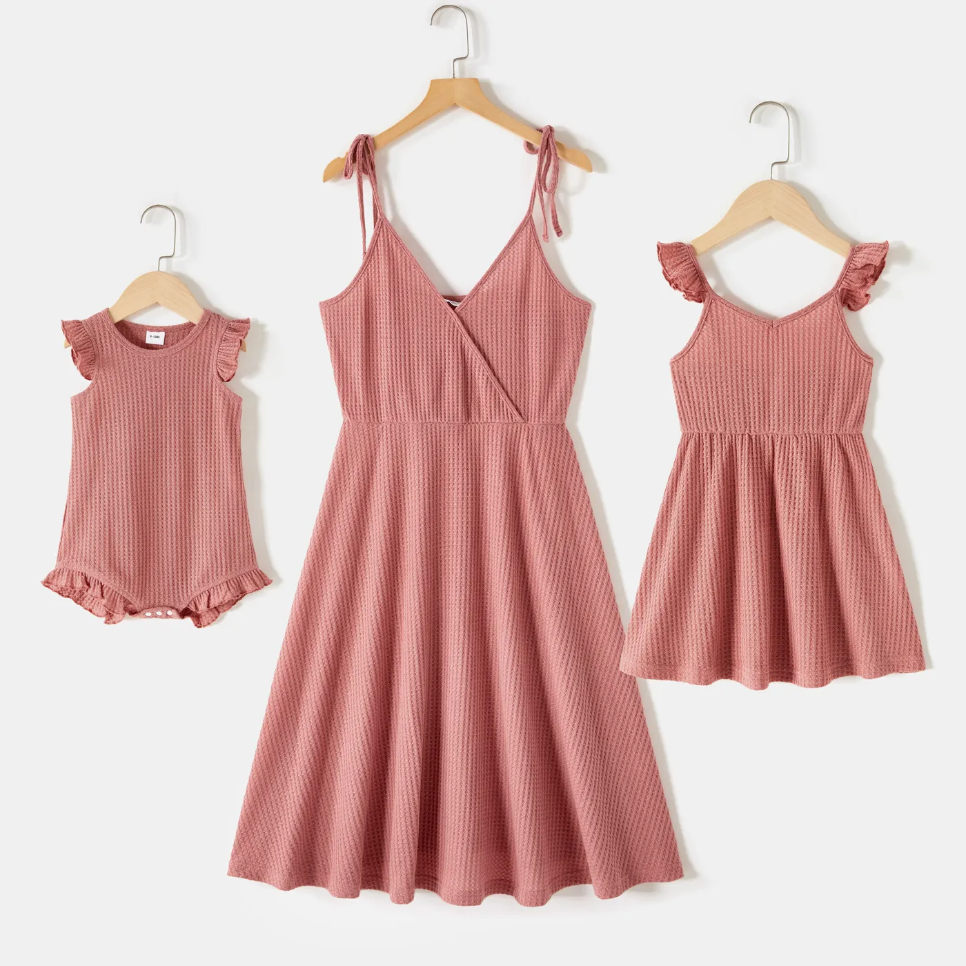 

Pink Waffle Surplice Neck Tie Shoulder Cami Dress for Mom and Me