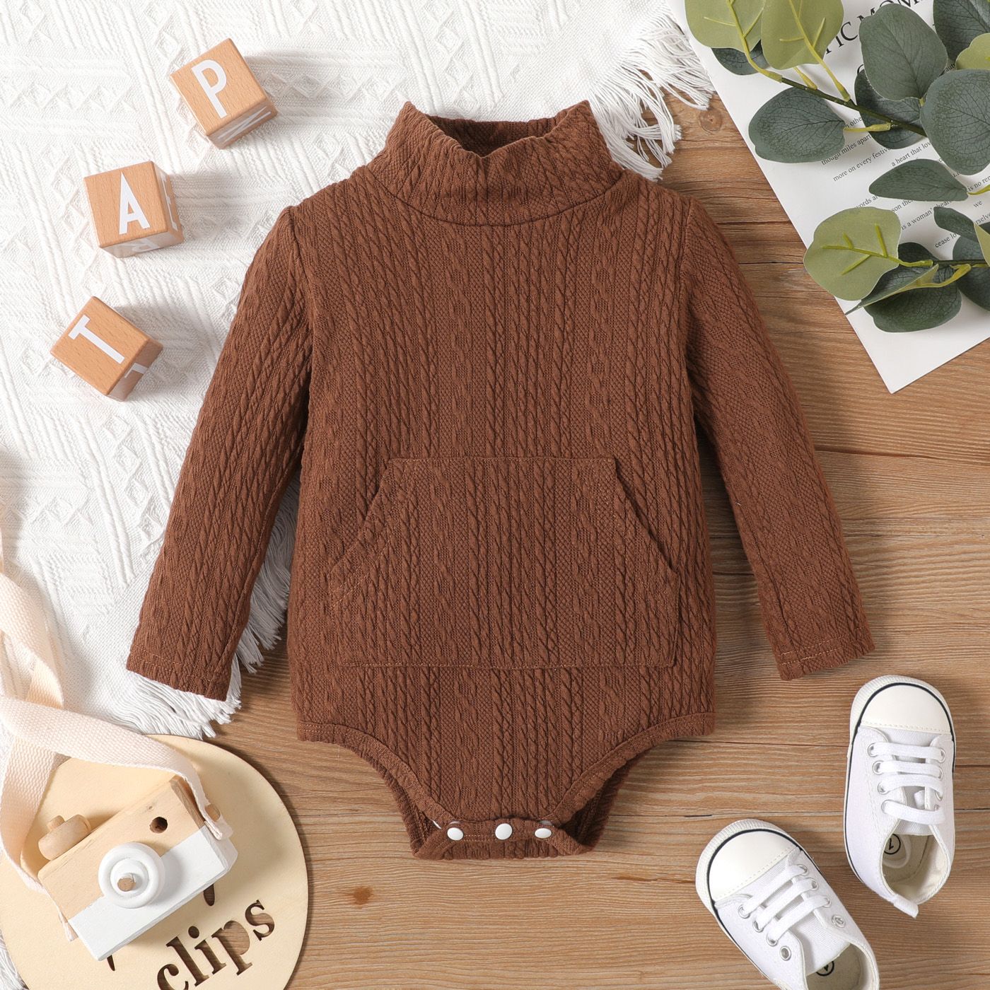 

Baby Boy/Girl Solid Cable Knit Mock Neck Long-sleeve Romper
