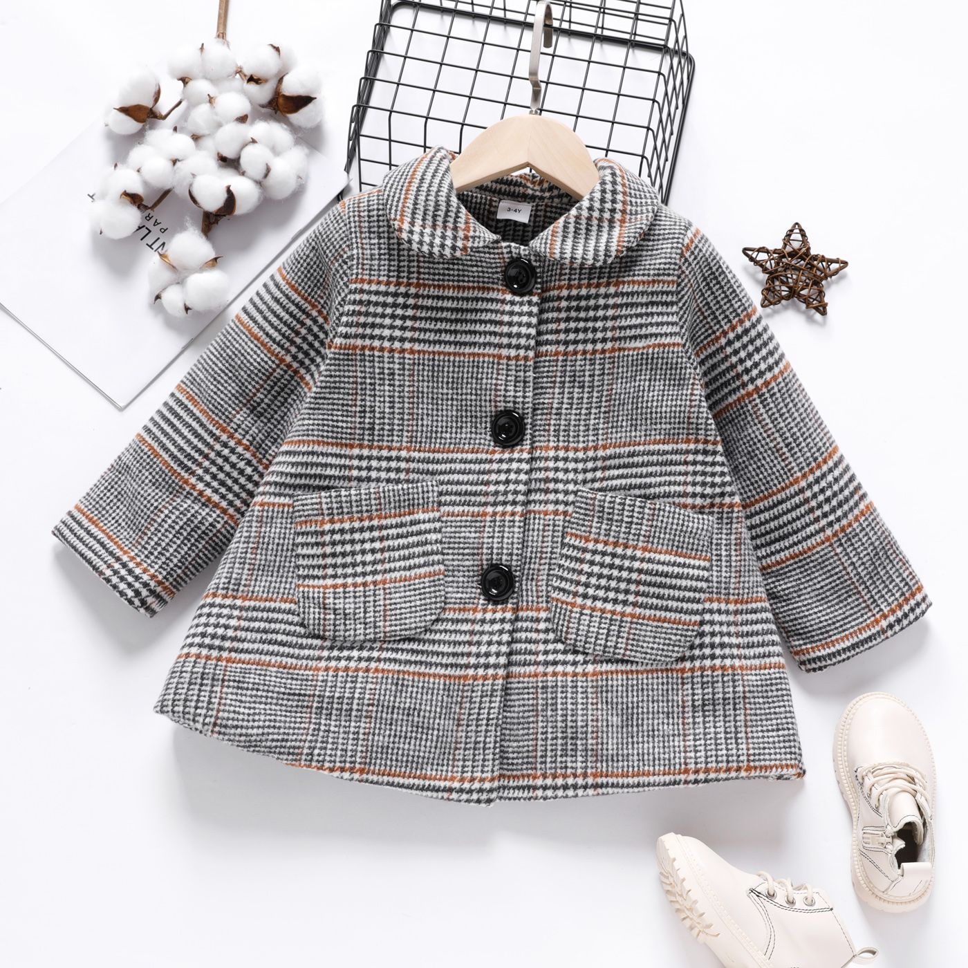 

Toddler Girl Lapel Collar Button Design Plaid Blend Coat
