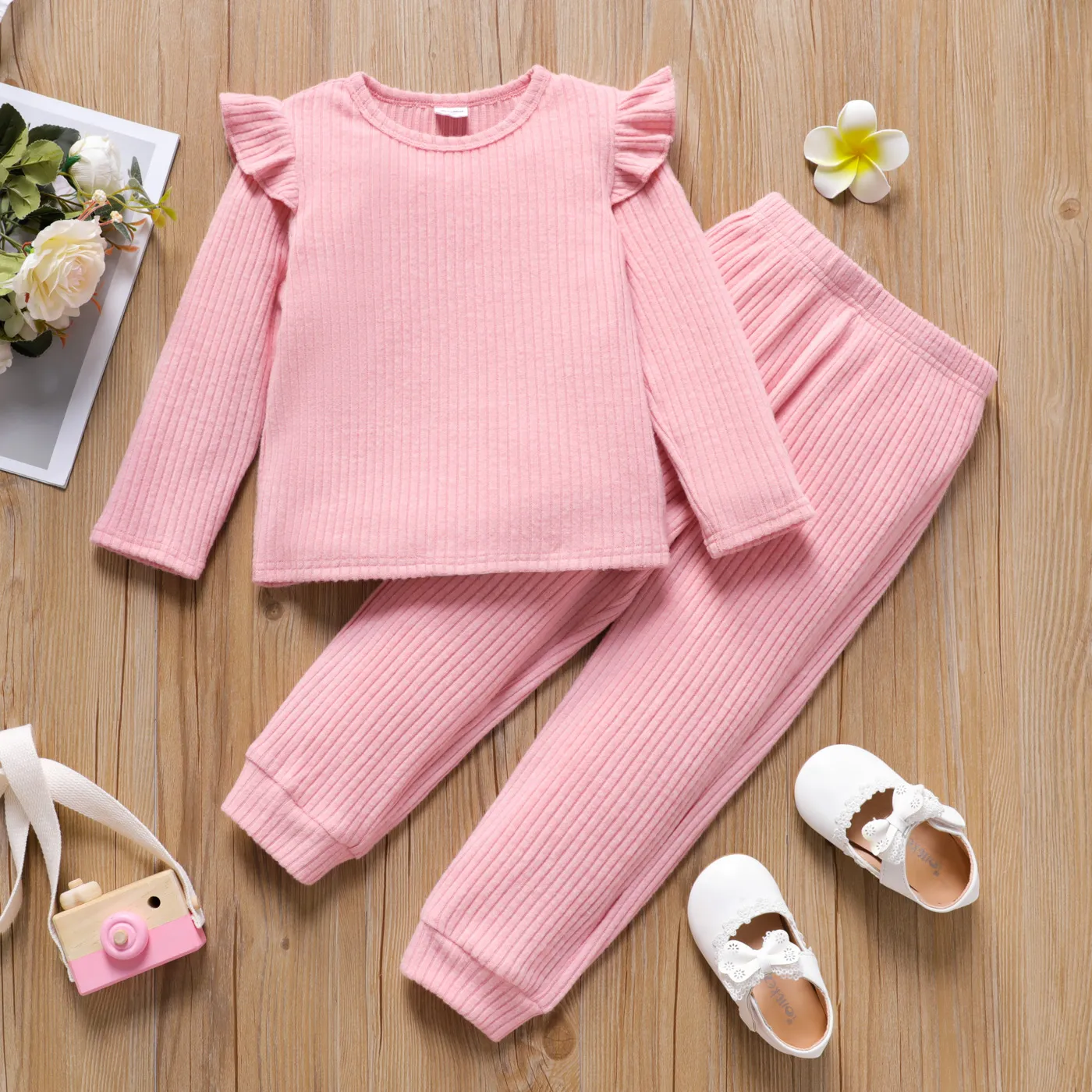 

2pcs Toddler Girl Ruffled Ribbed Long-sleeve Pink Tee and Elasticized Pants Set