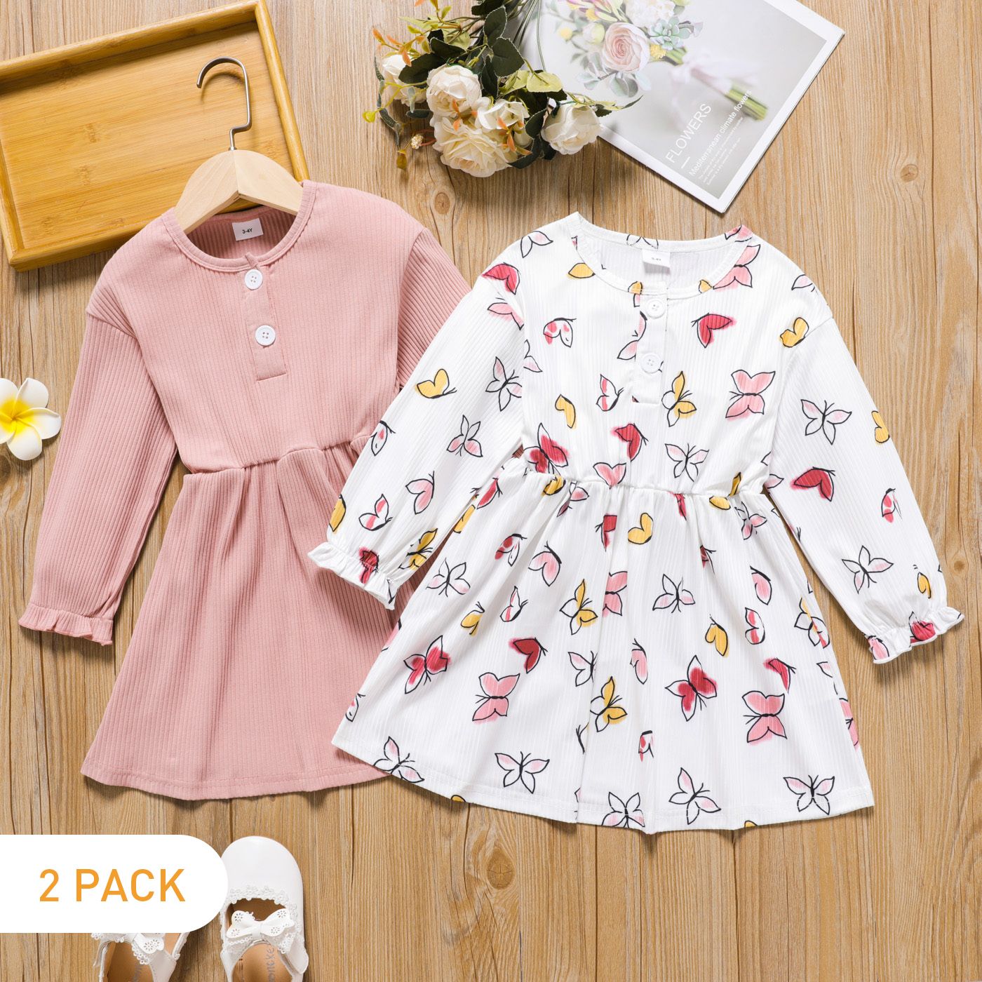 

2-Pack Toddler Girl Butterfly Print/Pink Button Design Long-sleeve Dress