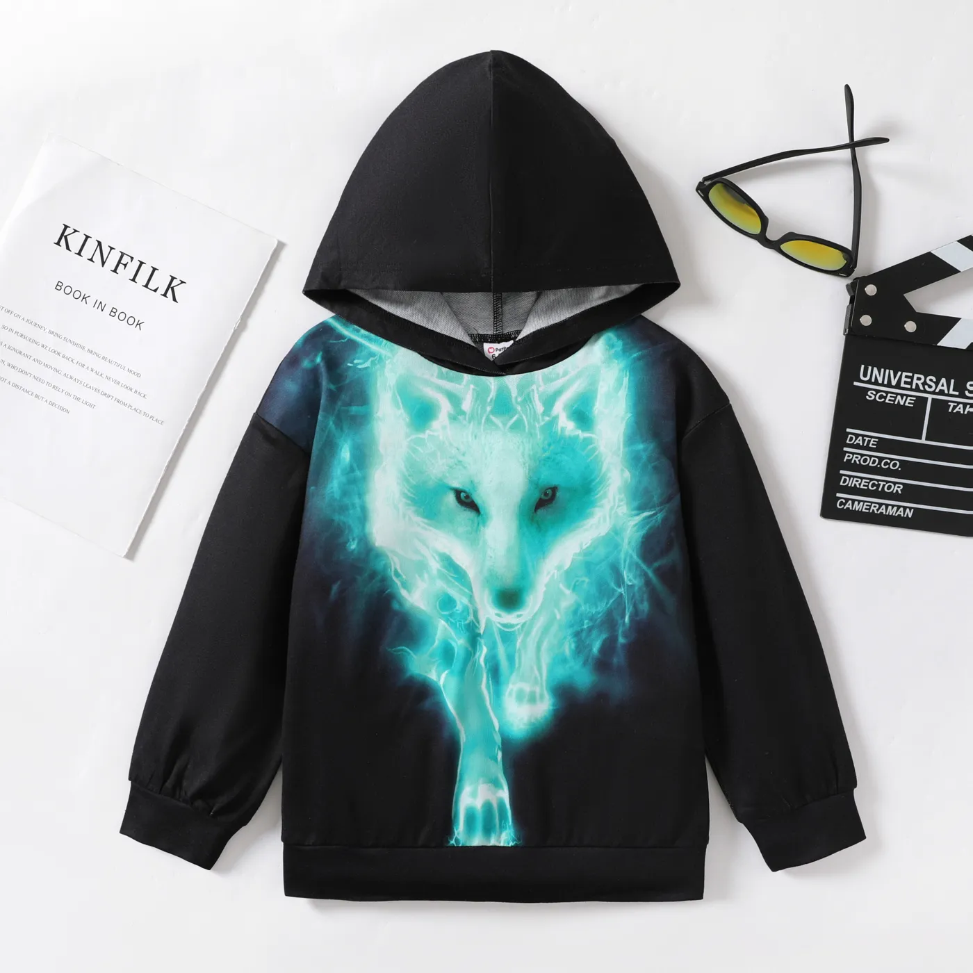 Kid Boy Trendy Animal Wolf Print Hoodie Sweatshirt Turquoise image 2