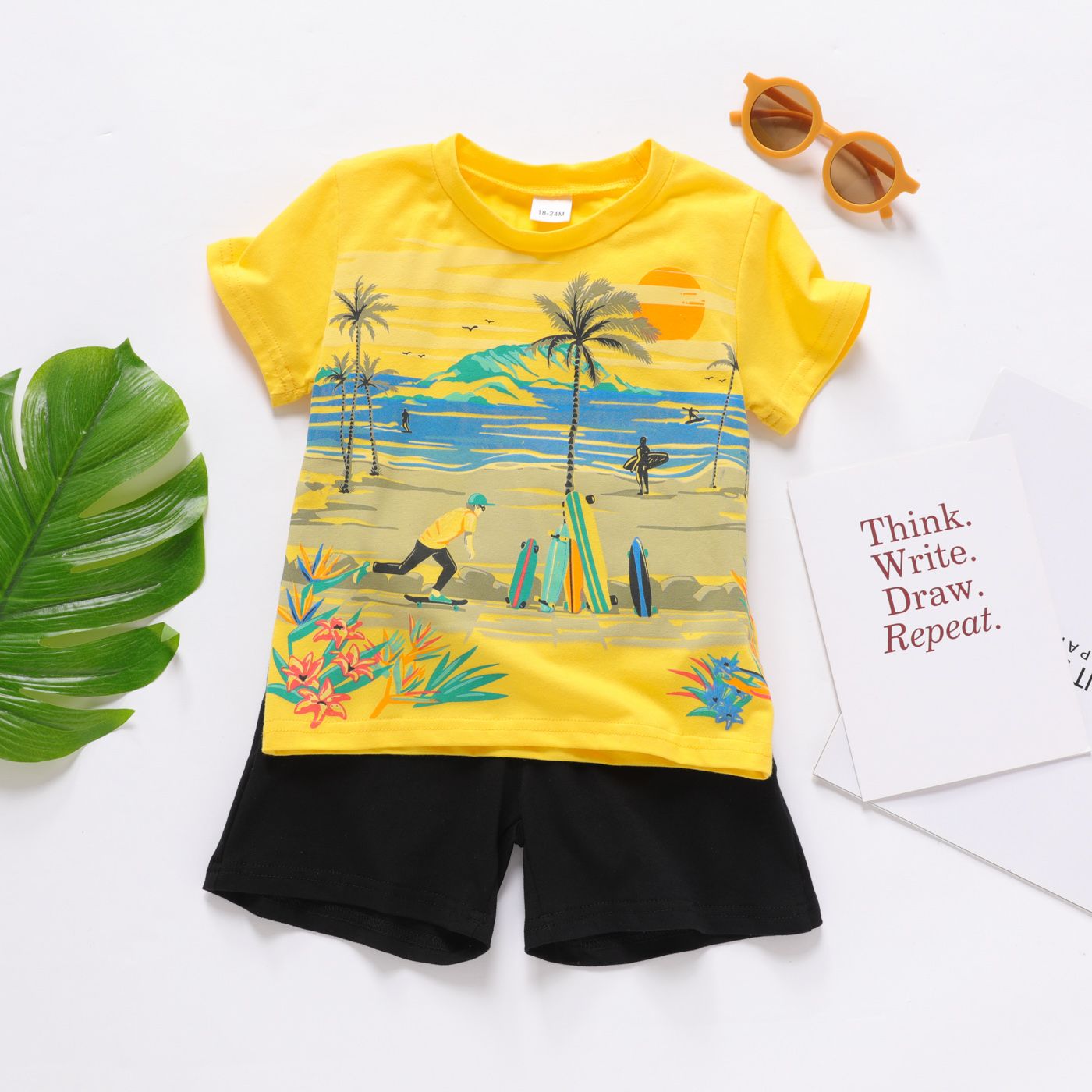 

Toddler Boy 2pcs Beach Short-sleeve Yellow T-shirt Top and Solid Black Shorts Set