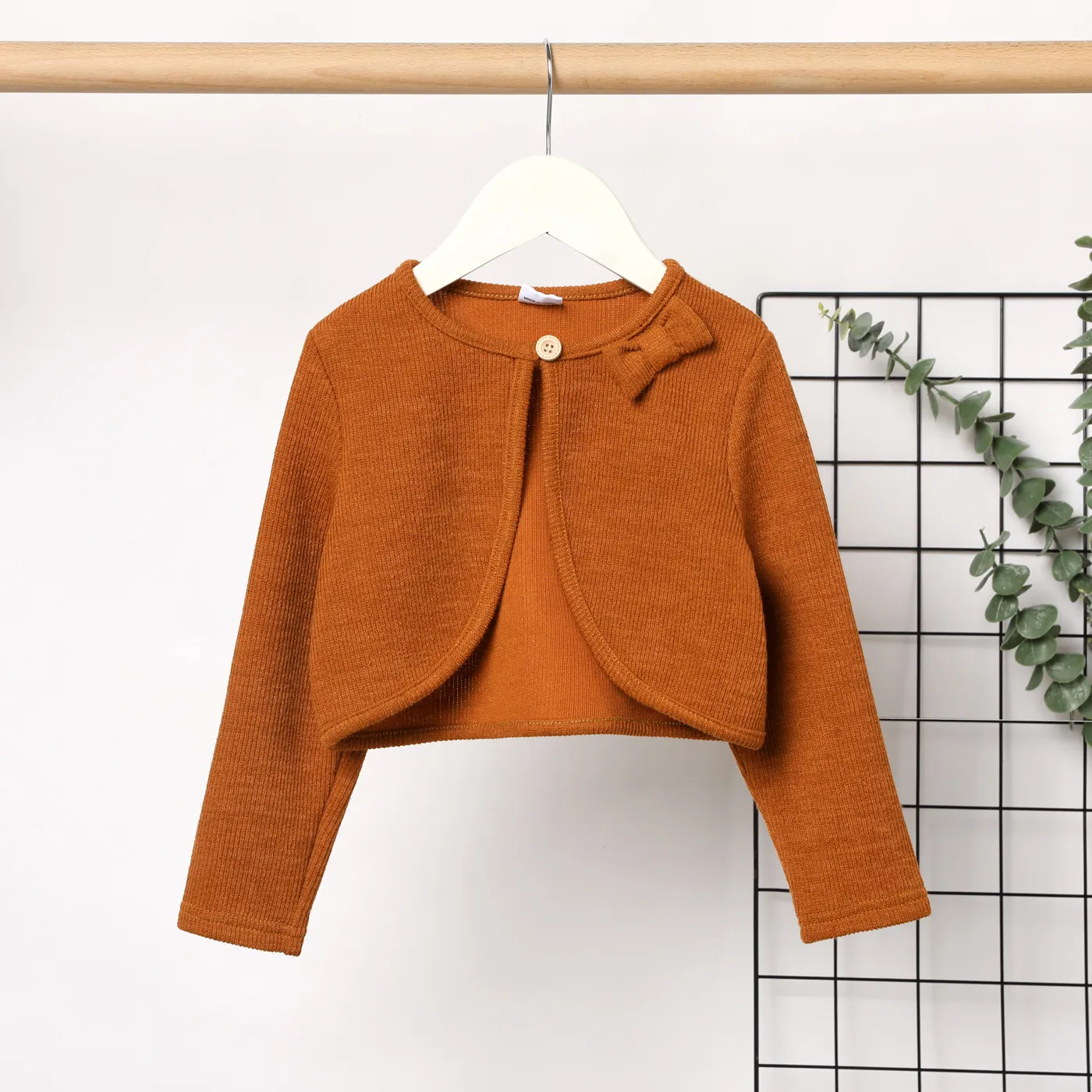 Toddler Girl Solid Color Bowknot Design Ribbed Cardigan Jacket Brown big image 1