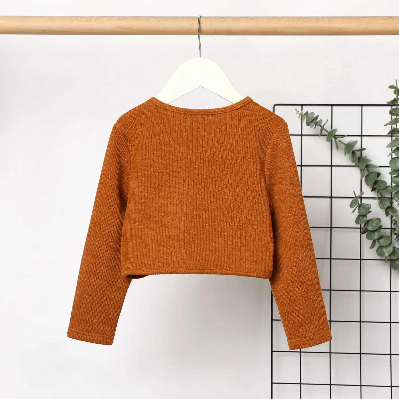 Toddler Girl Solid Color Bowknot Design Ribbed Cardigan Jacket Brown image 2