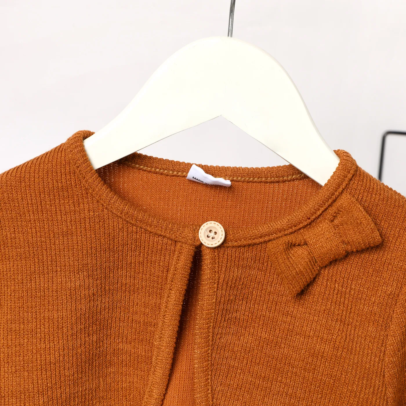 Toddler Girl Solid Color Bowknot Design Ribbed Cardigan Jacket Brown image 3