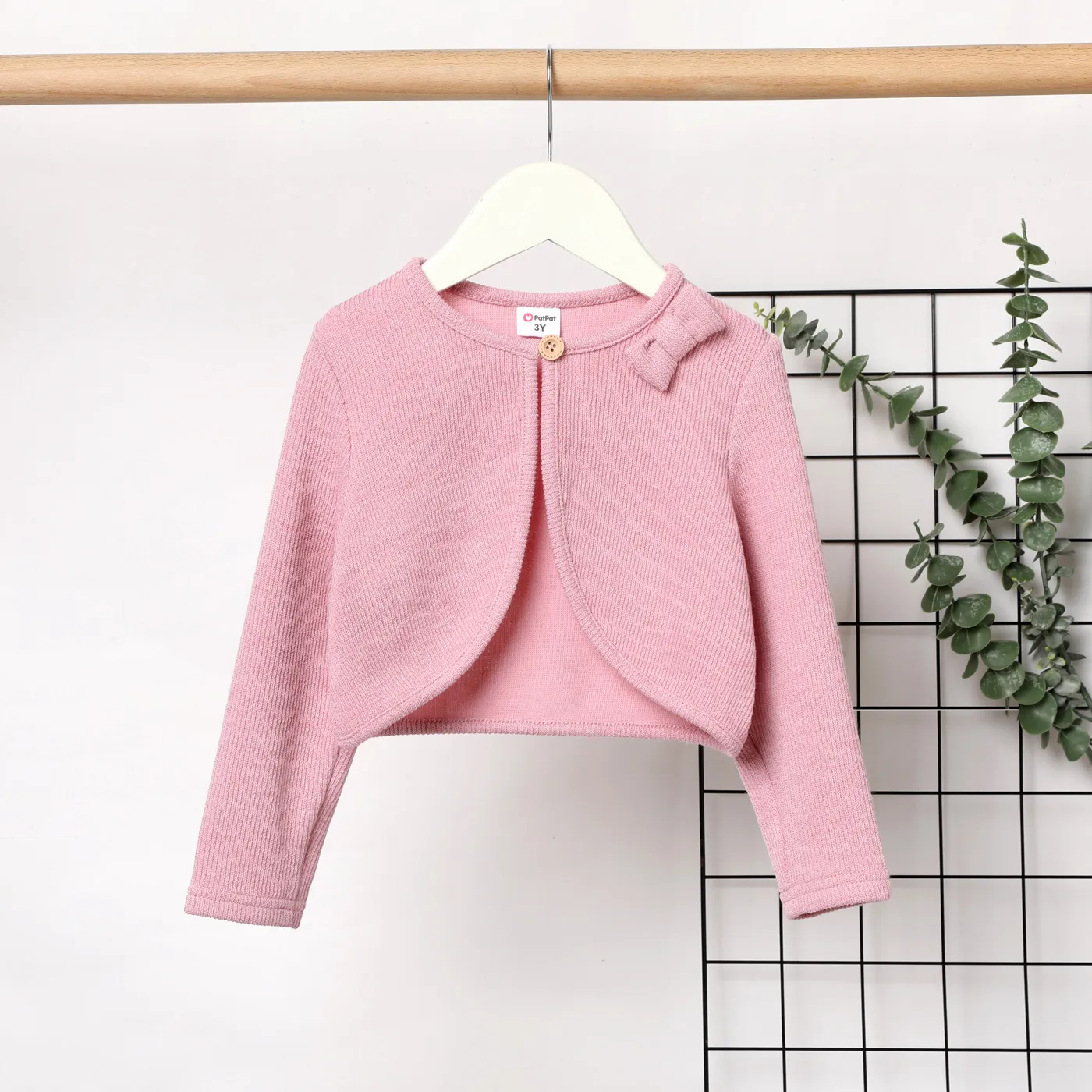 Toddler Girl Solid Color Bowknot Design Ribbed Cardigan Jacket Pink