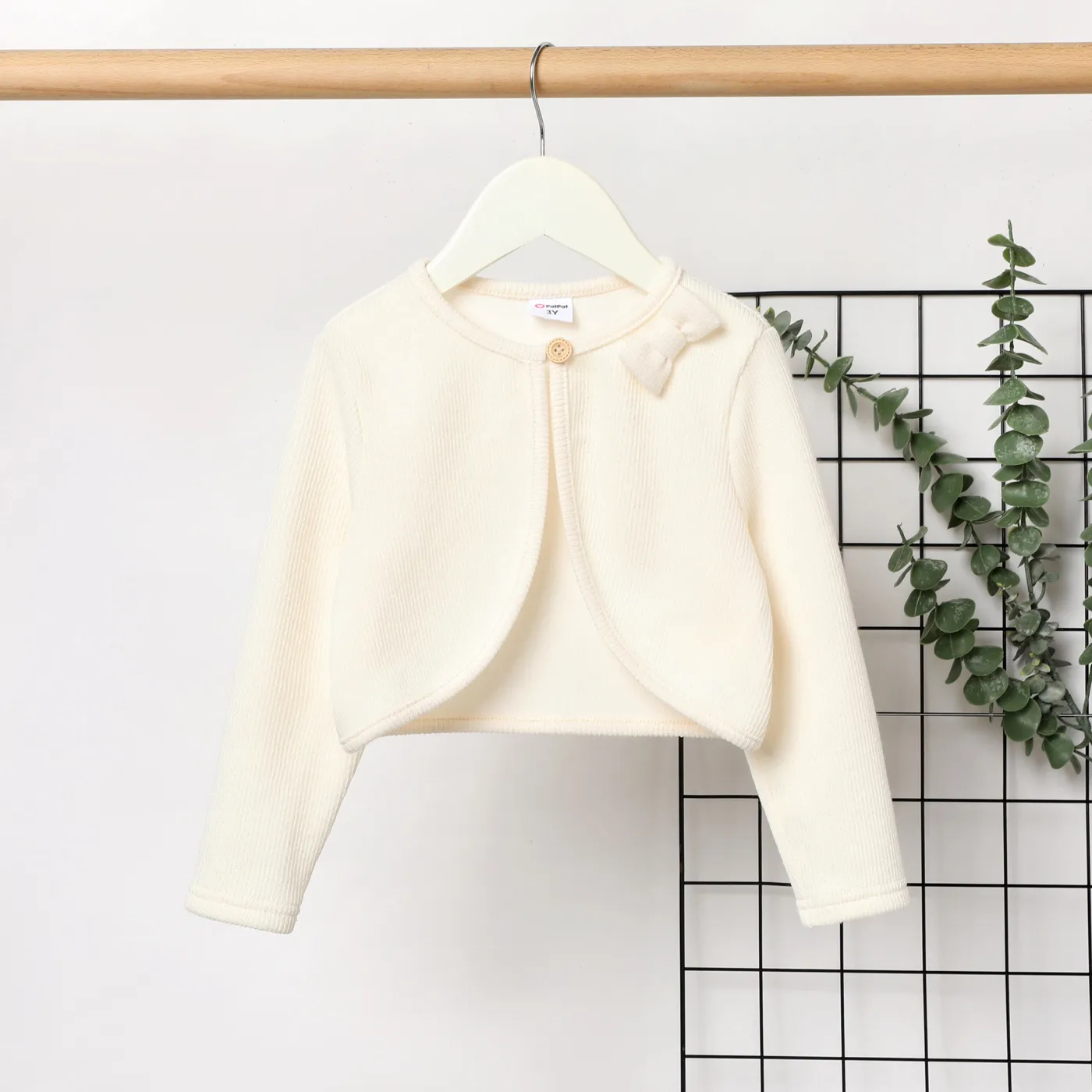Toddler Girl Solid Color Bowknot Design Ribbed Cardigan Jacket Apricot