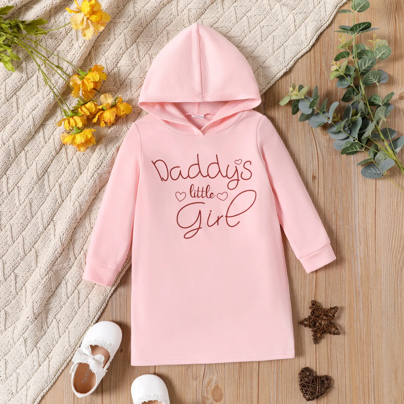 Toddler Girl Letter Print Solid Color Hooded Sweatshirt Dress