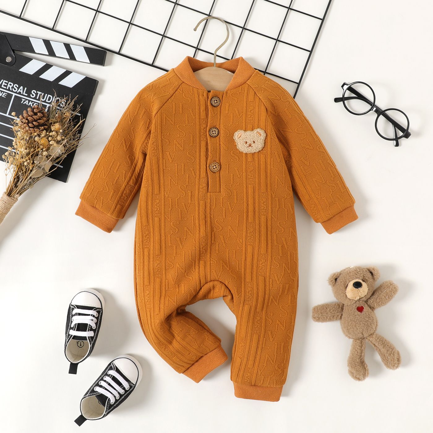 

Baby Boy Bear Decor Button Front Solid Textured Jumpsuit