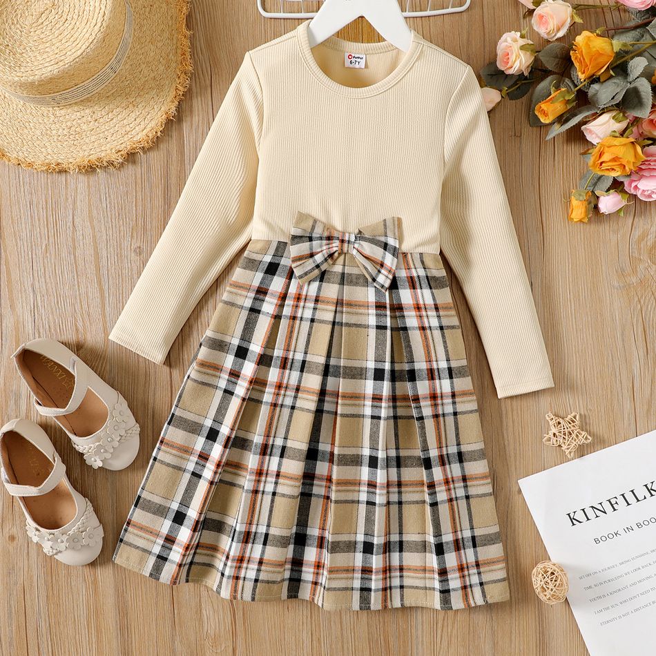 Kid Girl Bowknot Design Ribbed Plaid Splice Long-sleeve Dress Only $14. ...