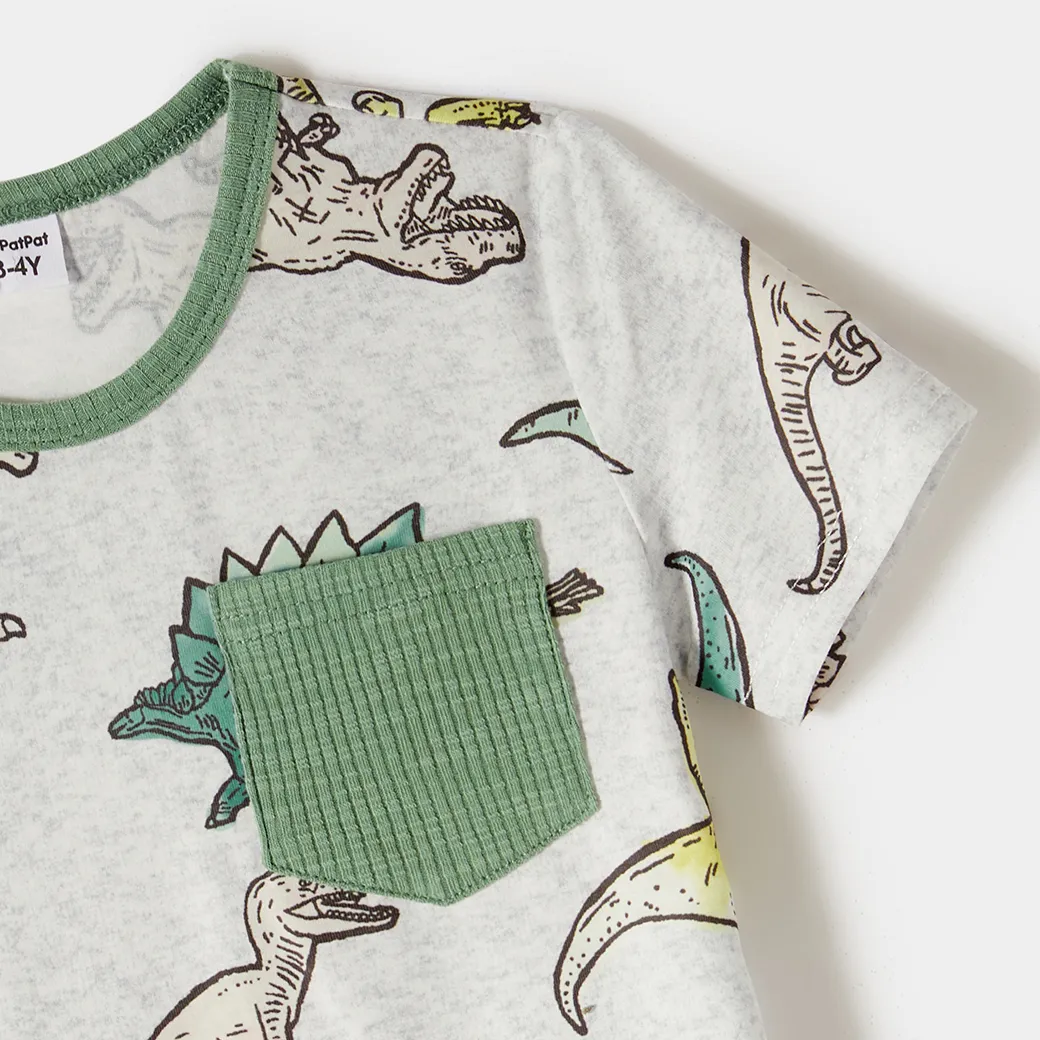 Family Matching Green Rib Knit Spliced Allover Dinosaur Print Dresses and Short-sleeve T-shirts Sets JadeGreen big image 1