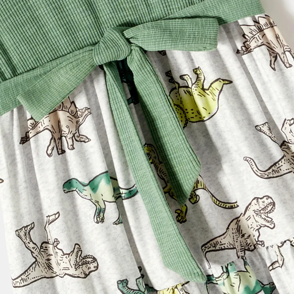 Family Matching Green Rib Knit Spliced Allover Dinosaur Print Dresses and Short-sleeve T-shirts Sets  big image 10