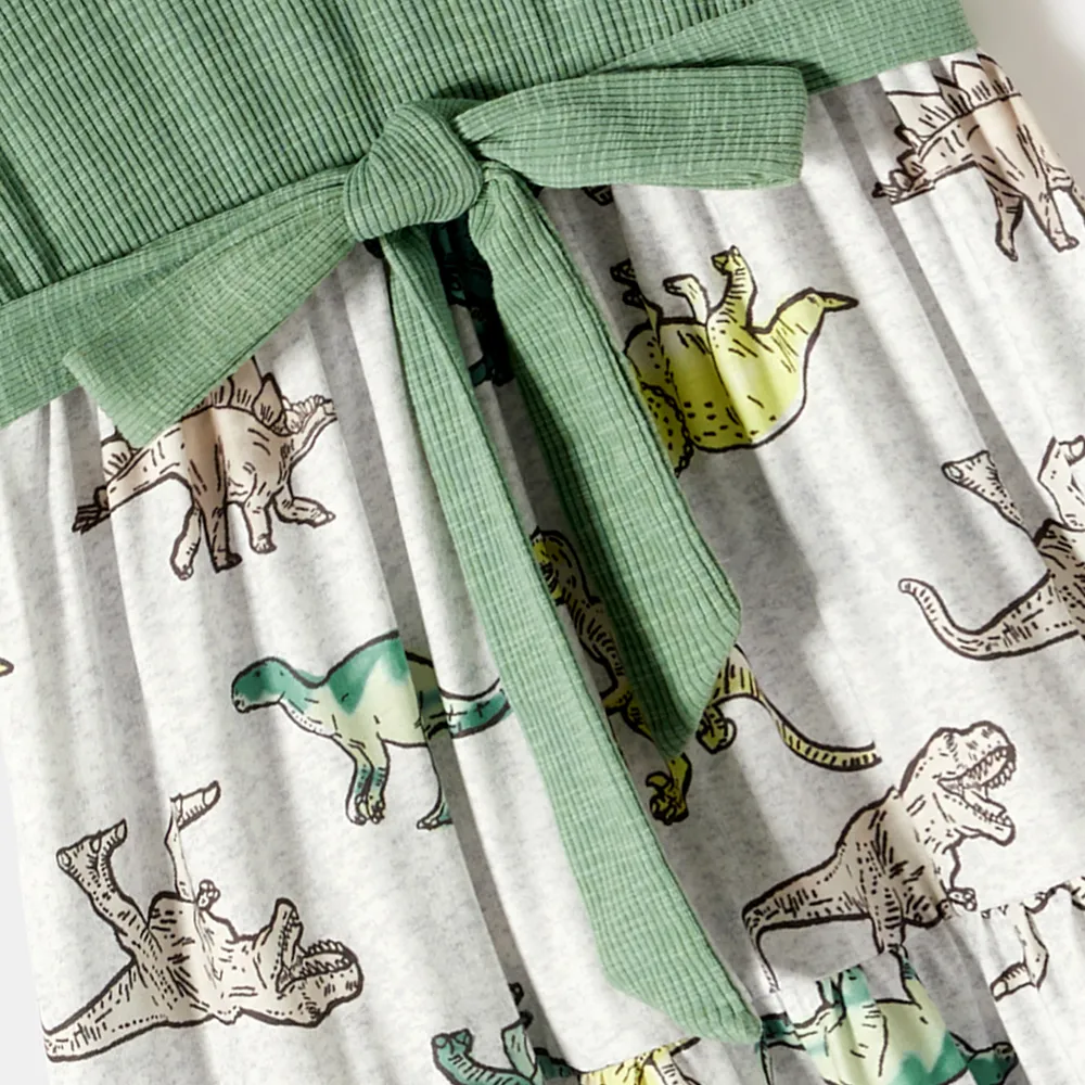 Family Matching Green Rib Knit Spliced Allover Dinosaur Print Dresses and Short-sleeve T-shirts Sets big image 10
