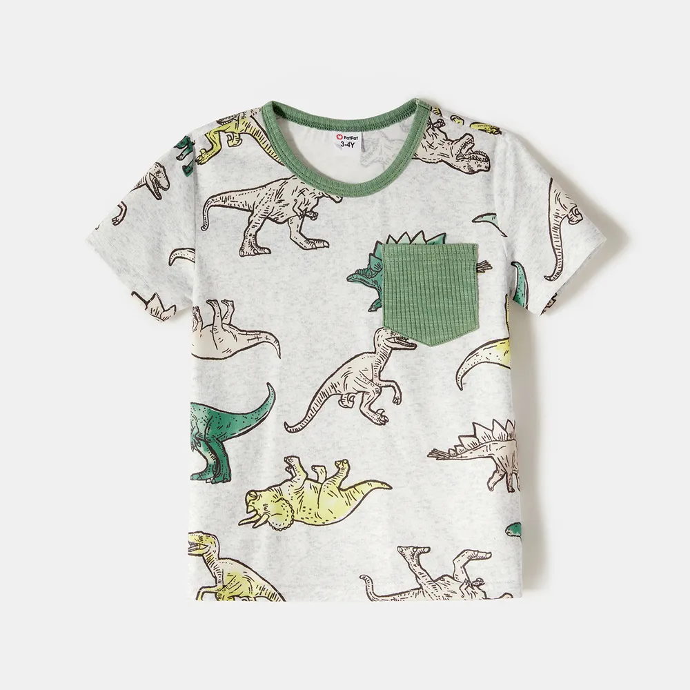 Family Matching Green Rib Knit Spliced Allover Dinosaur Print Dresses and Short-sleeve T-shirts Sets  big image 5