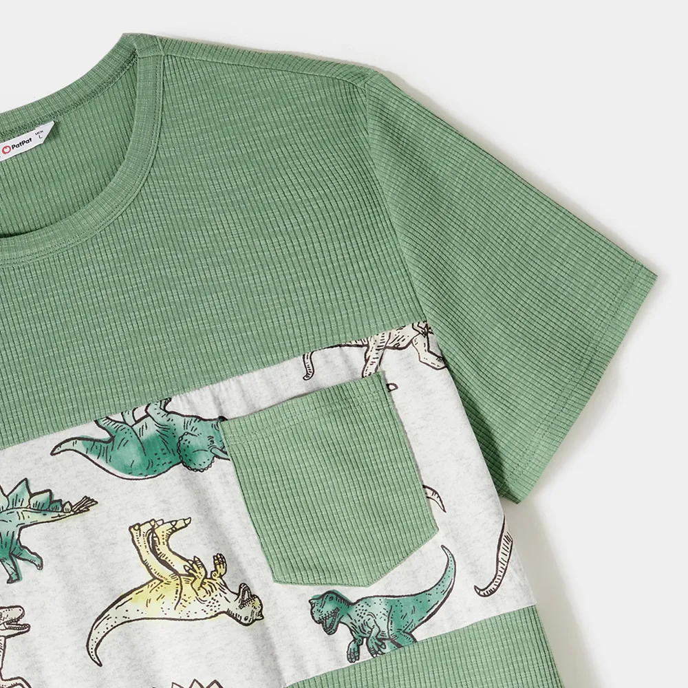 Family Matching Green Rib Knit Spliced Allover Dinosaur Print Dresses and Short-sleeve T-shirts Sets big image 14